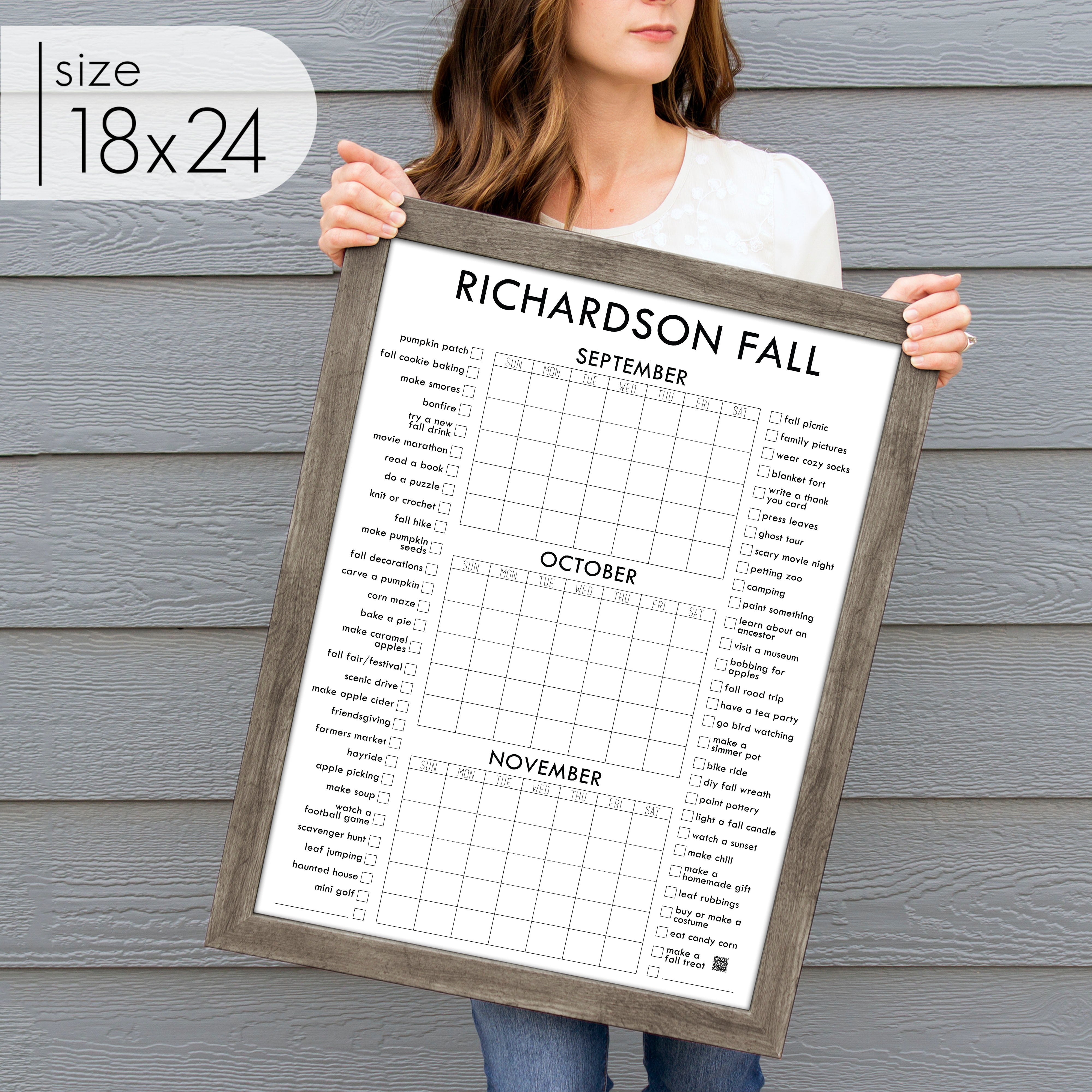 Framed 3 Month Fall Bucket List Calendar | Vertical Madi