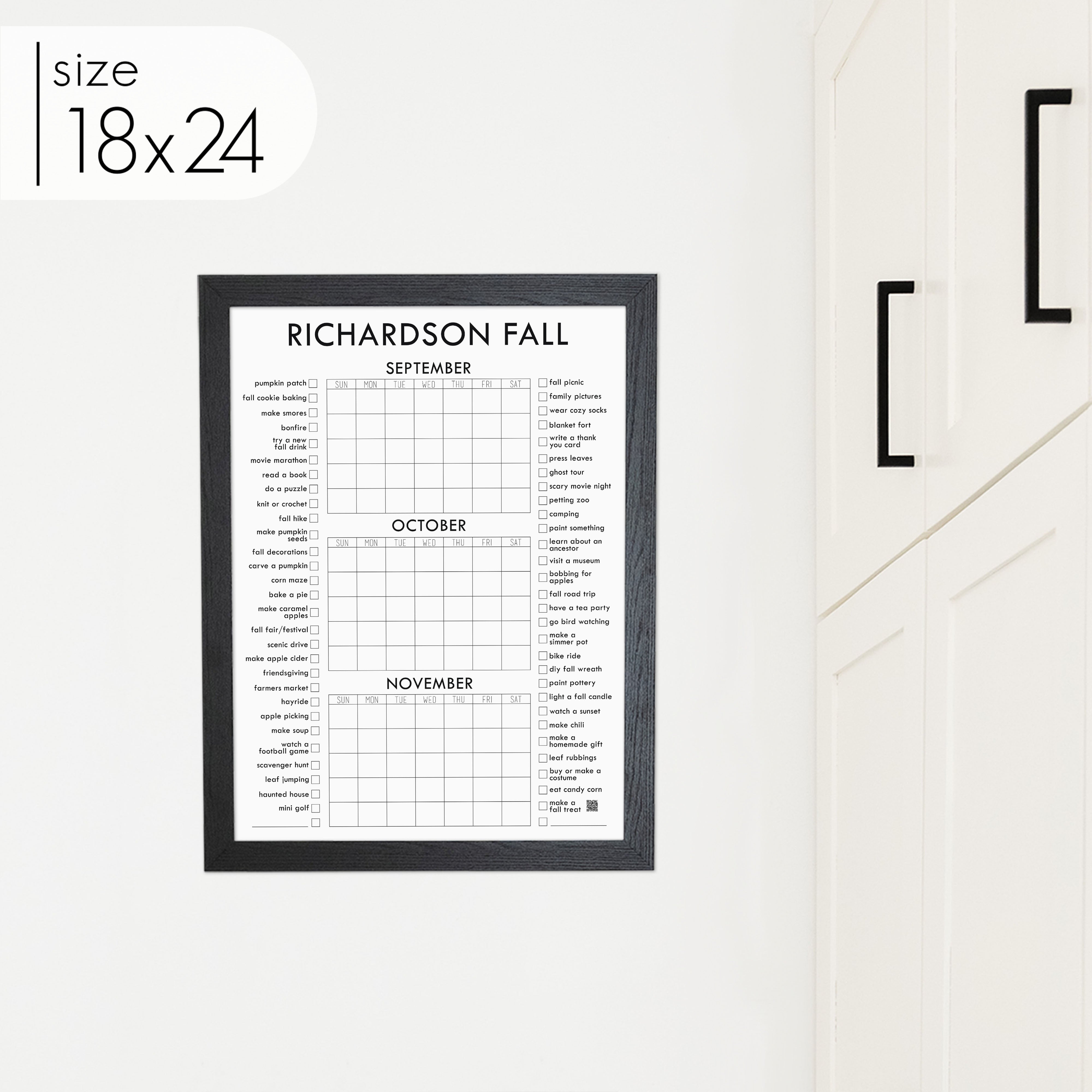 Framed 3 Month Fall Bucket List Calendar | Vertical Madi