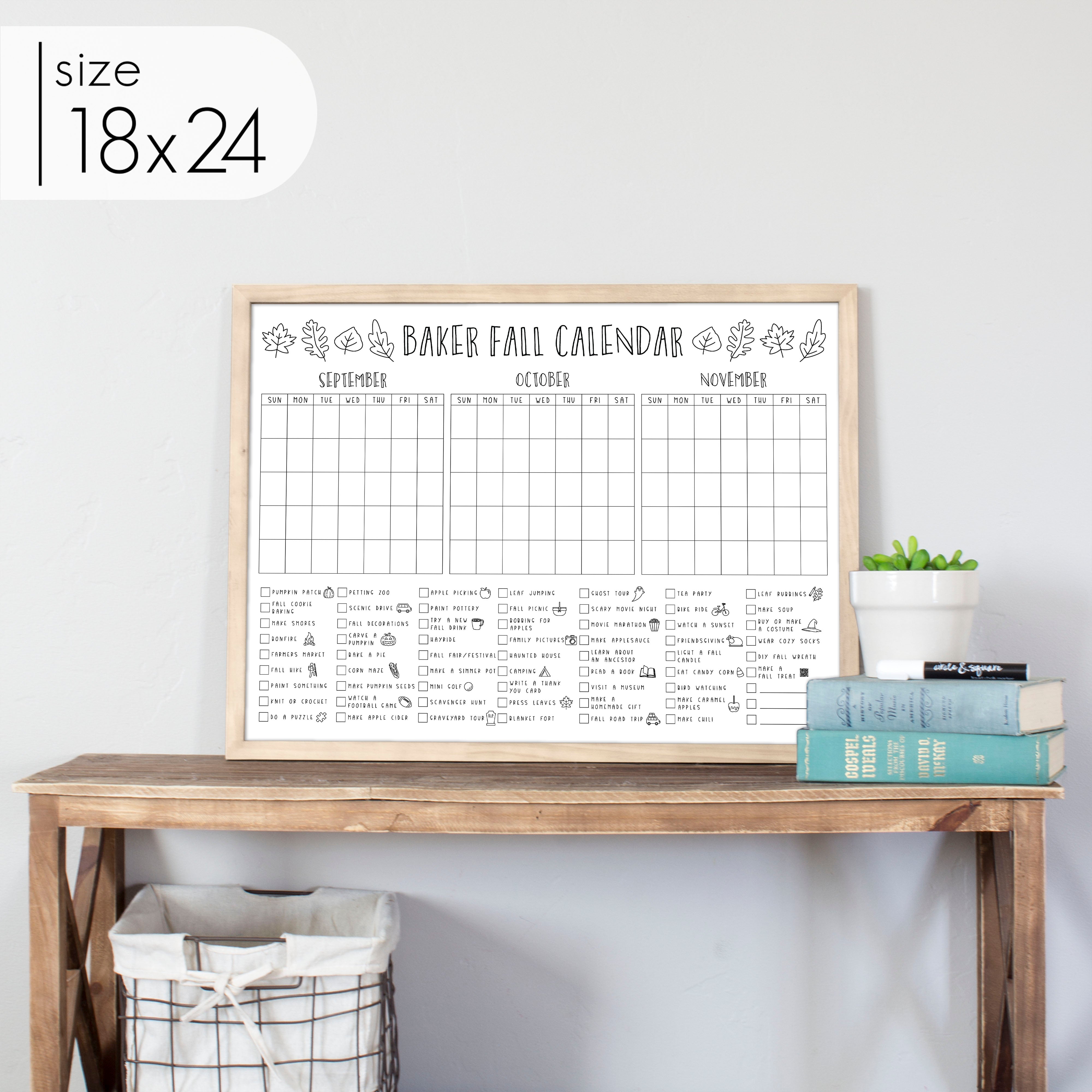 Framed 3 Month Fall Bucket List Calendar | Horizontal Leaf