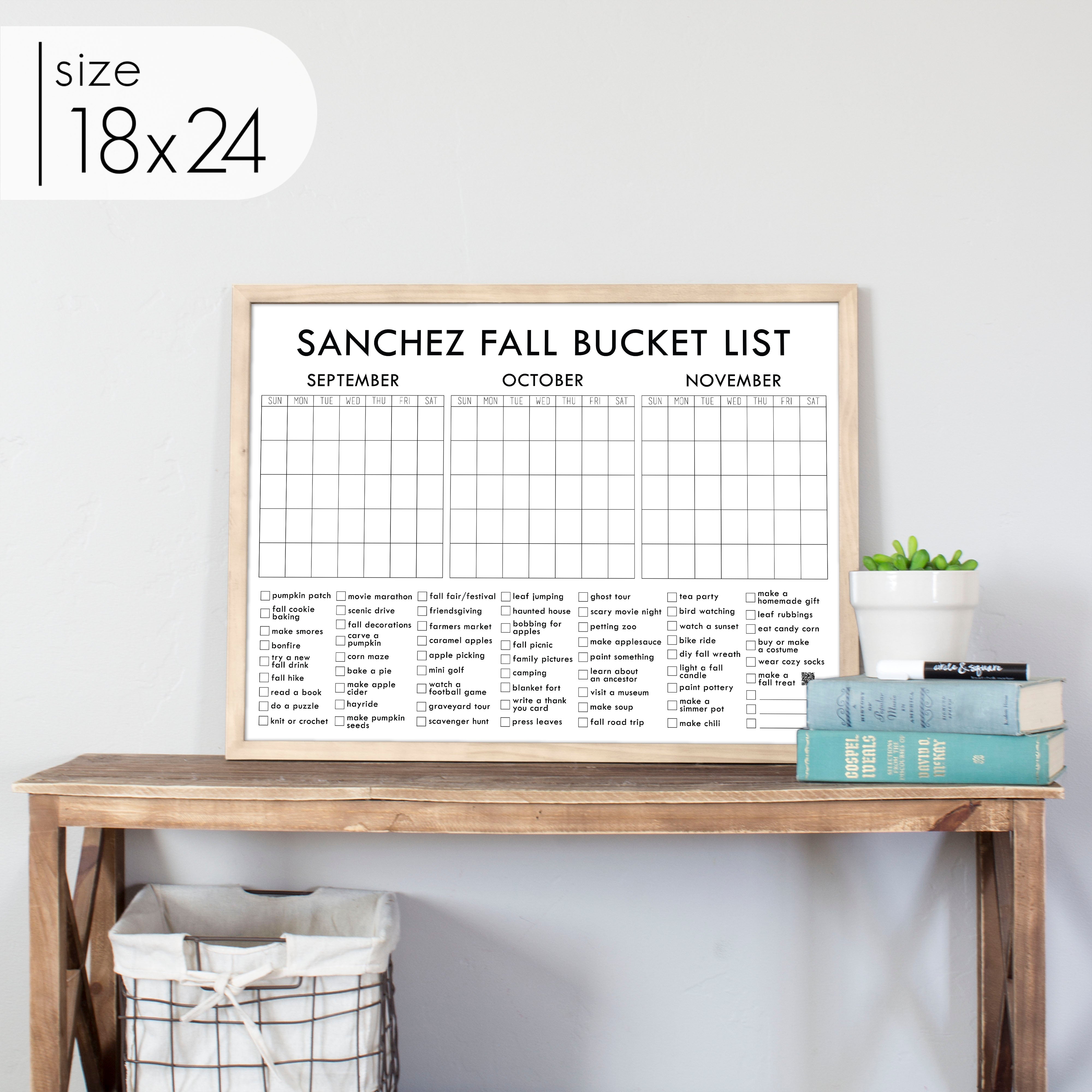 Framed 3 Month Fall Bucket List Calendar | Horizontal Madi