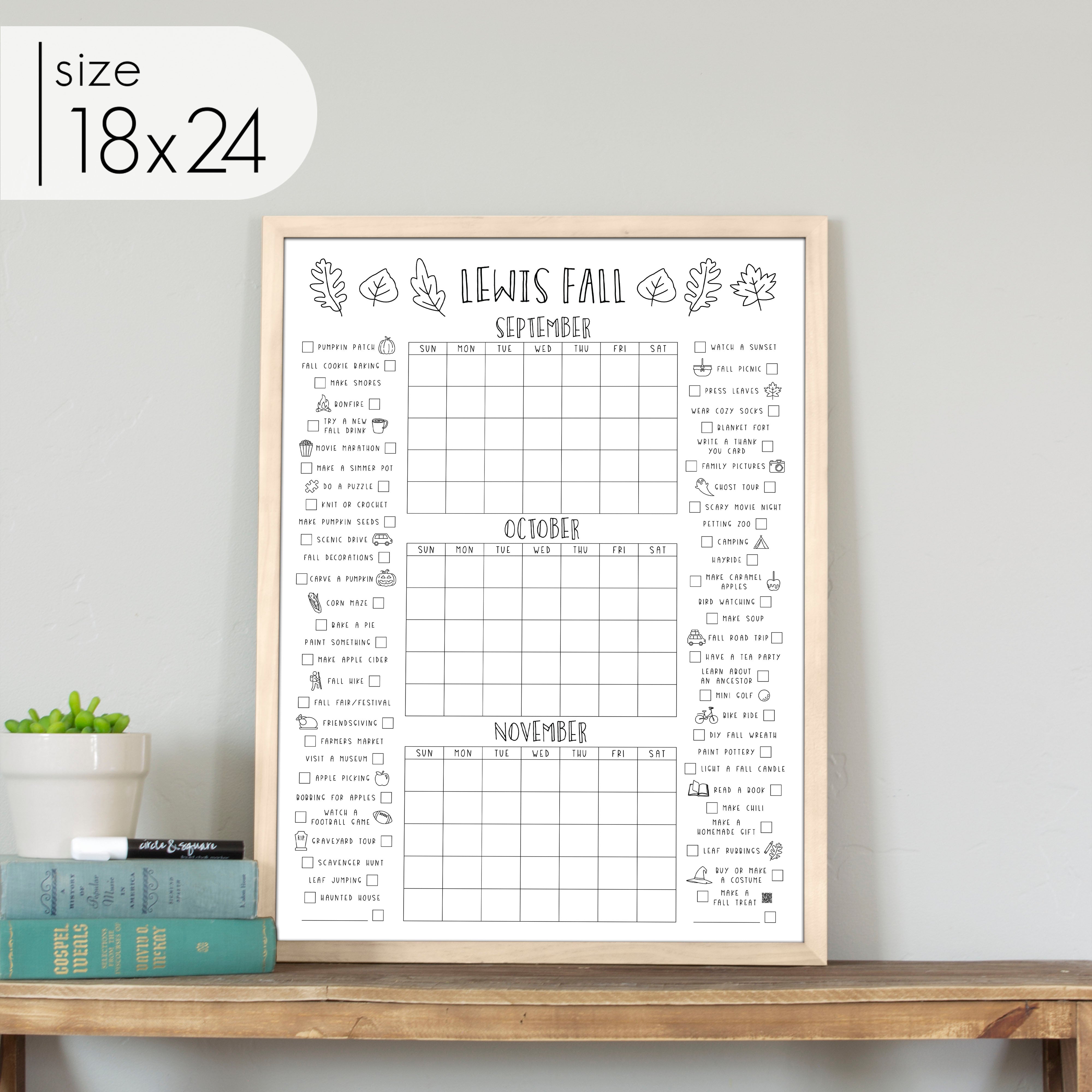 Framed Personalized 3 Month Fall Bucket List Calendar | Vertical Leaf