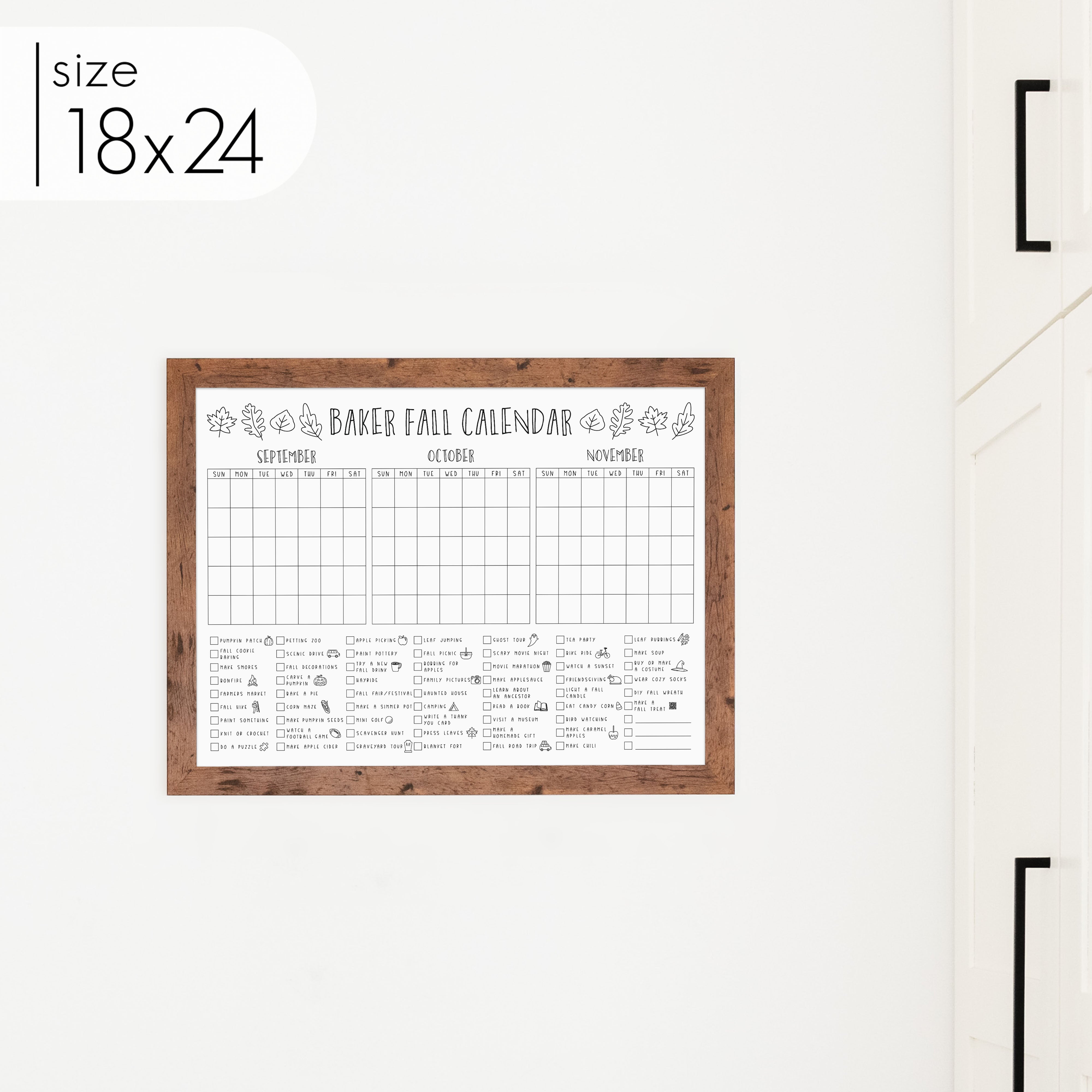 Framed 3 Month Fall Bucket List Calendar | Horizontal Leaf