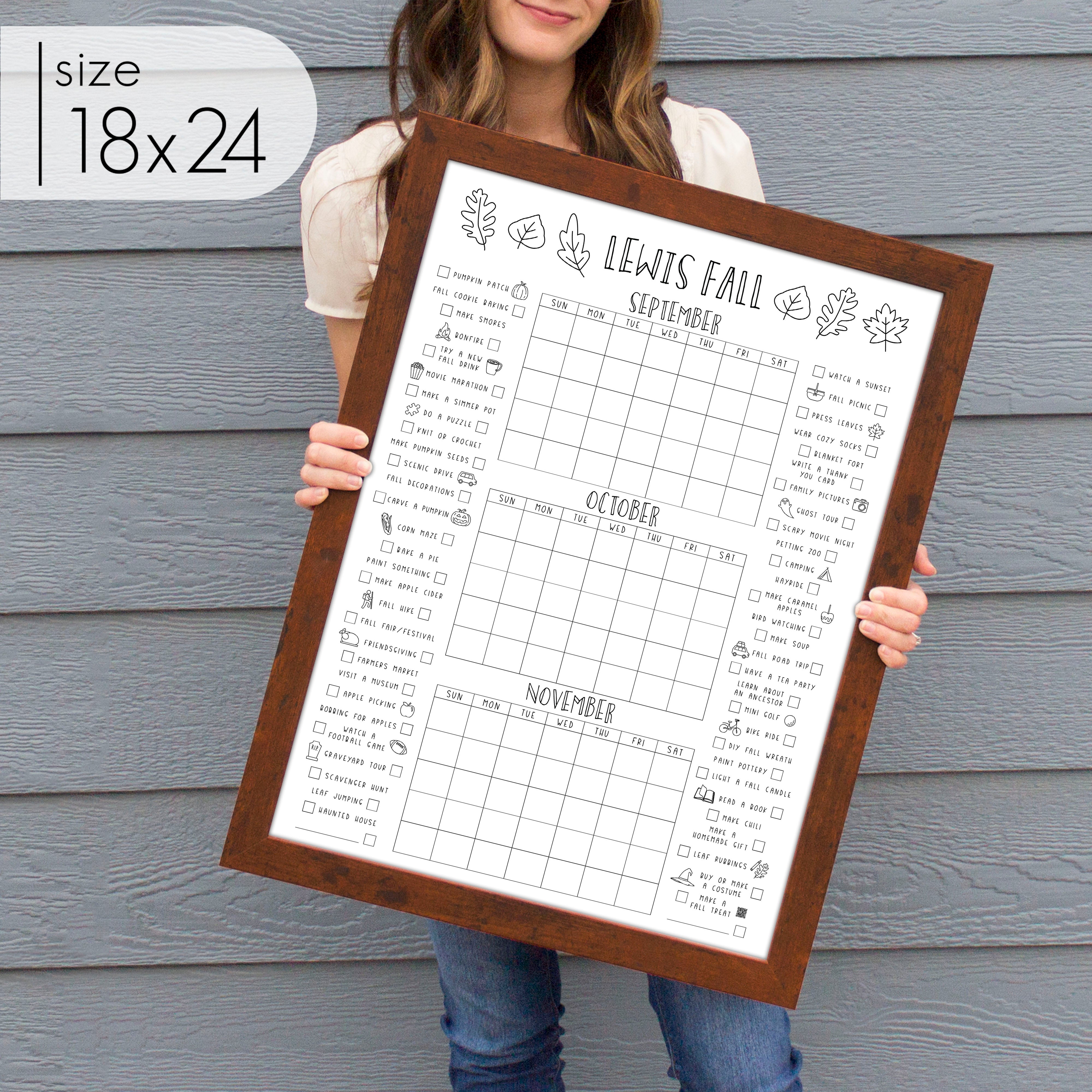 Framed Personalized 3 Month Fall Bucket List Calendar | Vertical Leaf