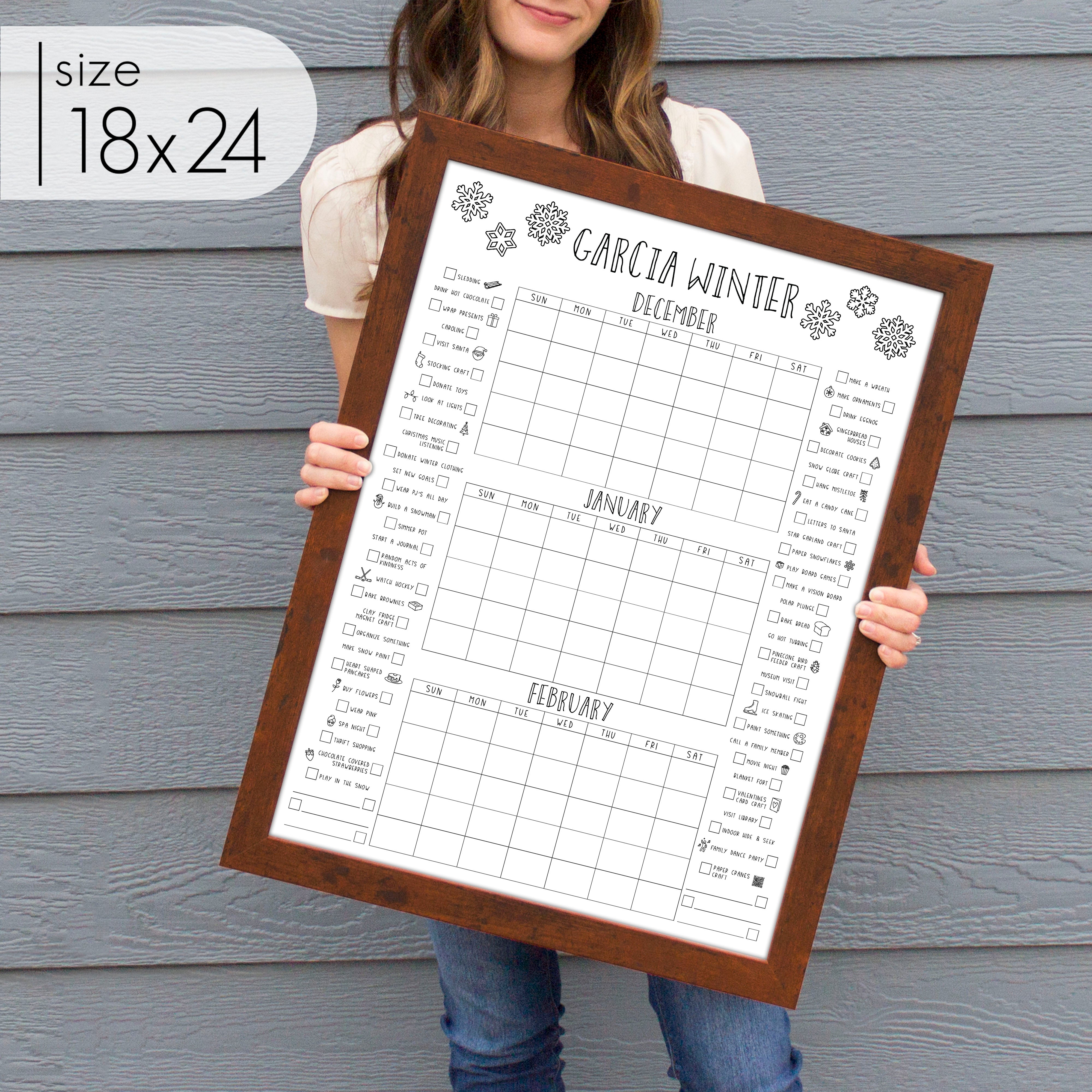 Framed 3 Month Winter Bucket List Calendar | Vertical Snowflake