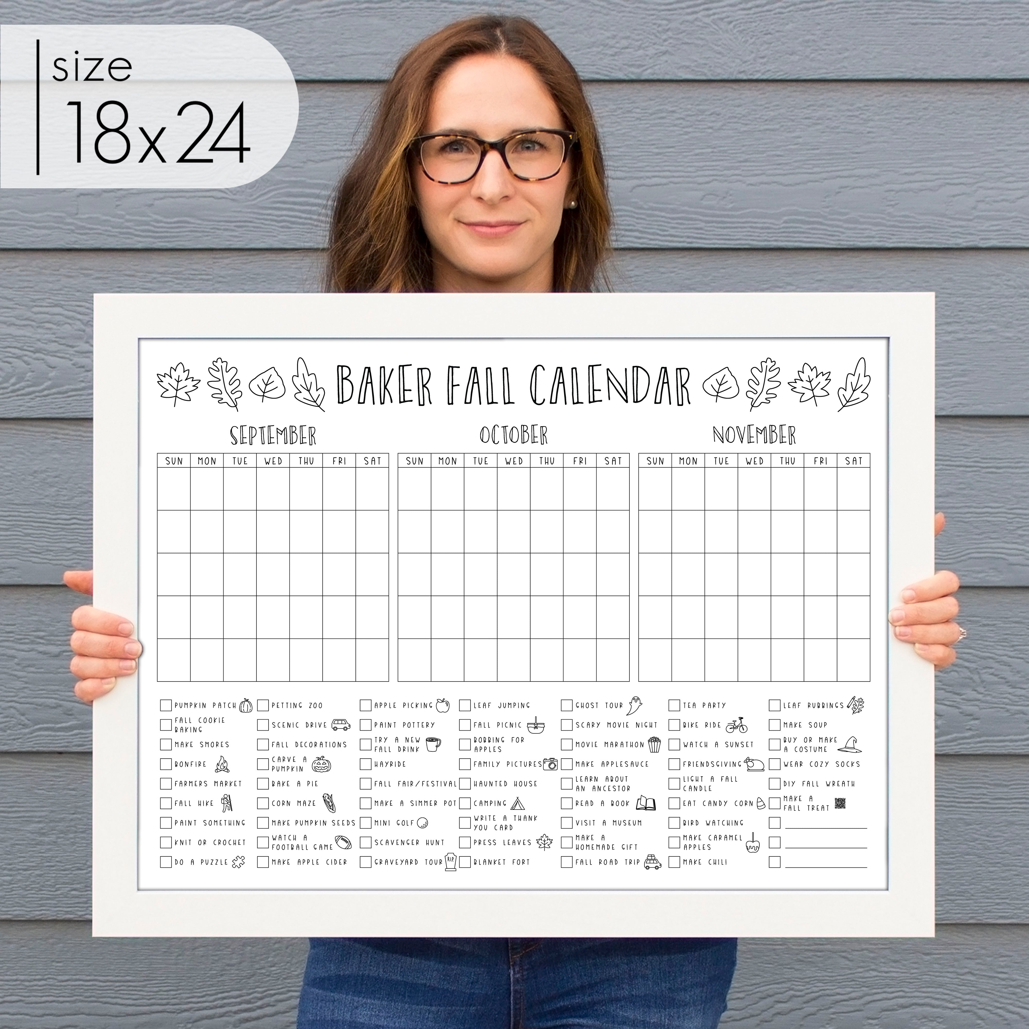 Framed 3 Month Fall Bucket List Calendar | Horizontal Leaf