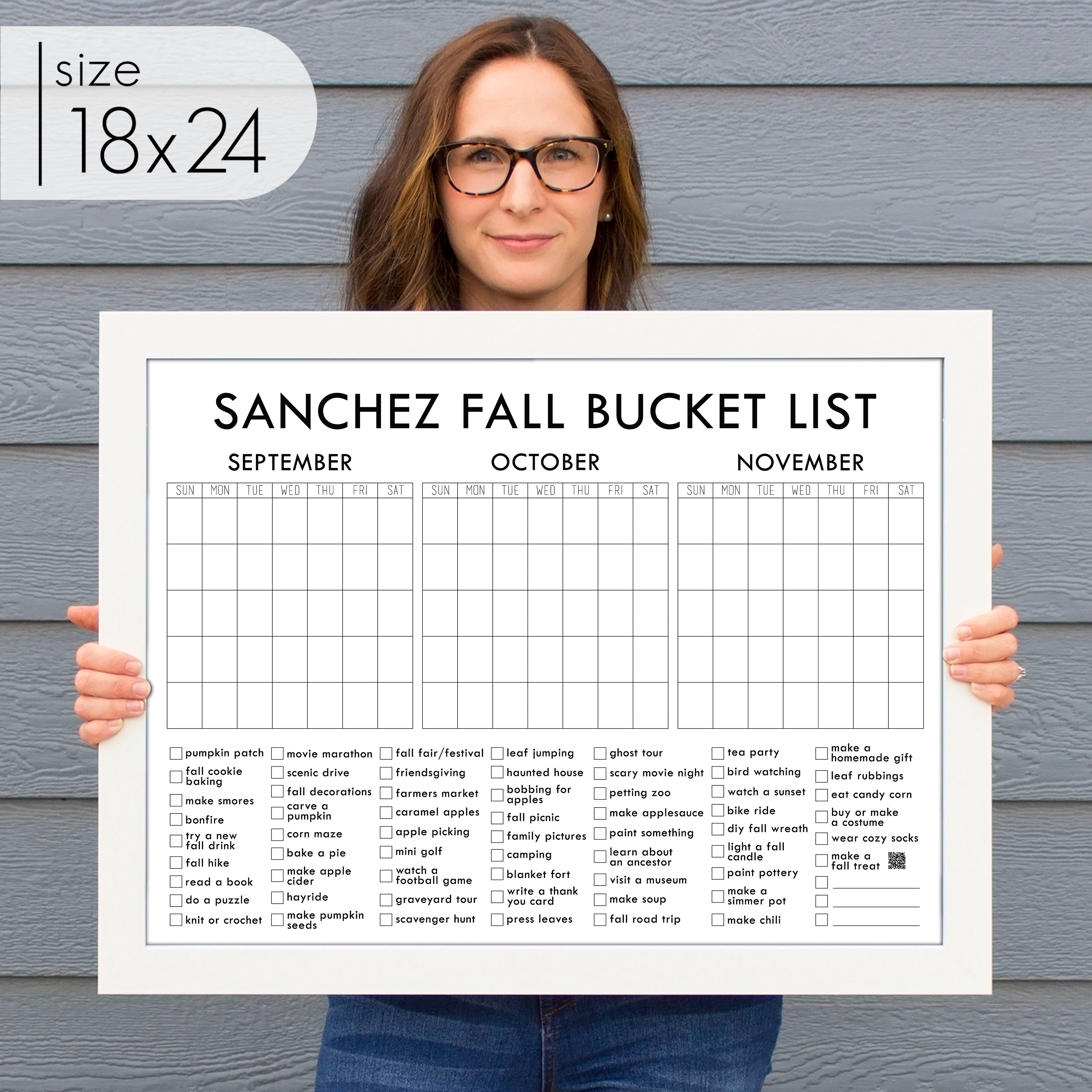 Framed 3 Month Fall Bucket List Calendar | Horizontal Madi