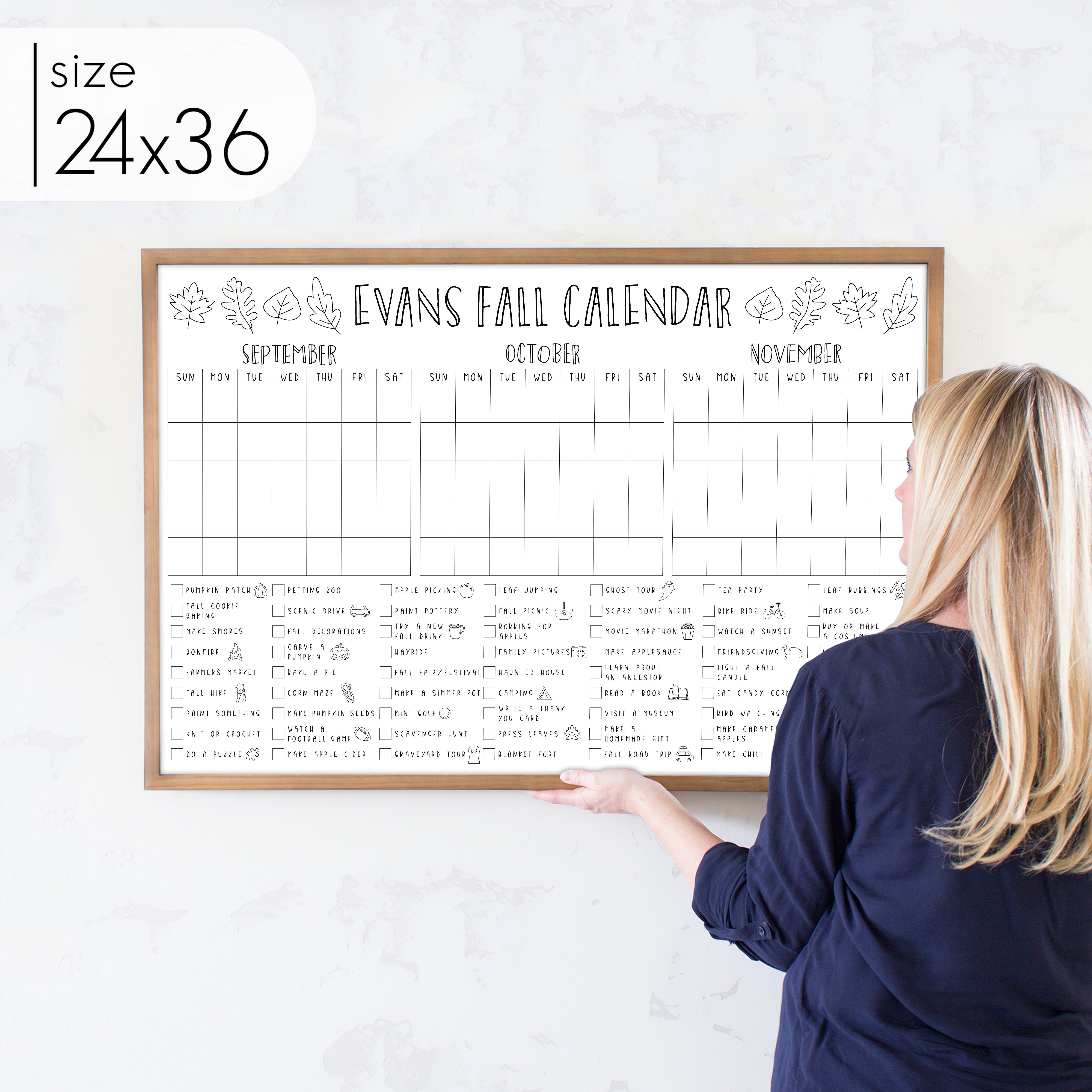 Framed 3 Month Fall Bucket List Calendar | Horizontal Leaf