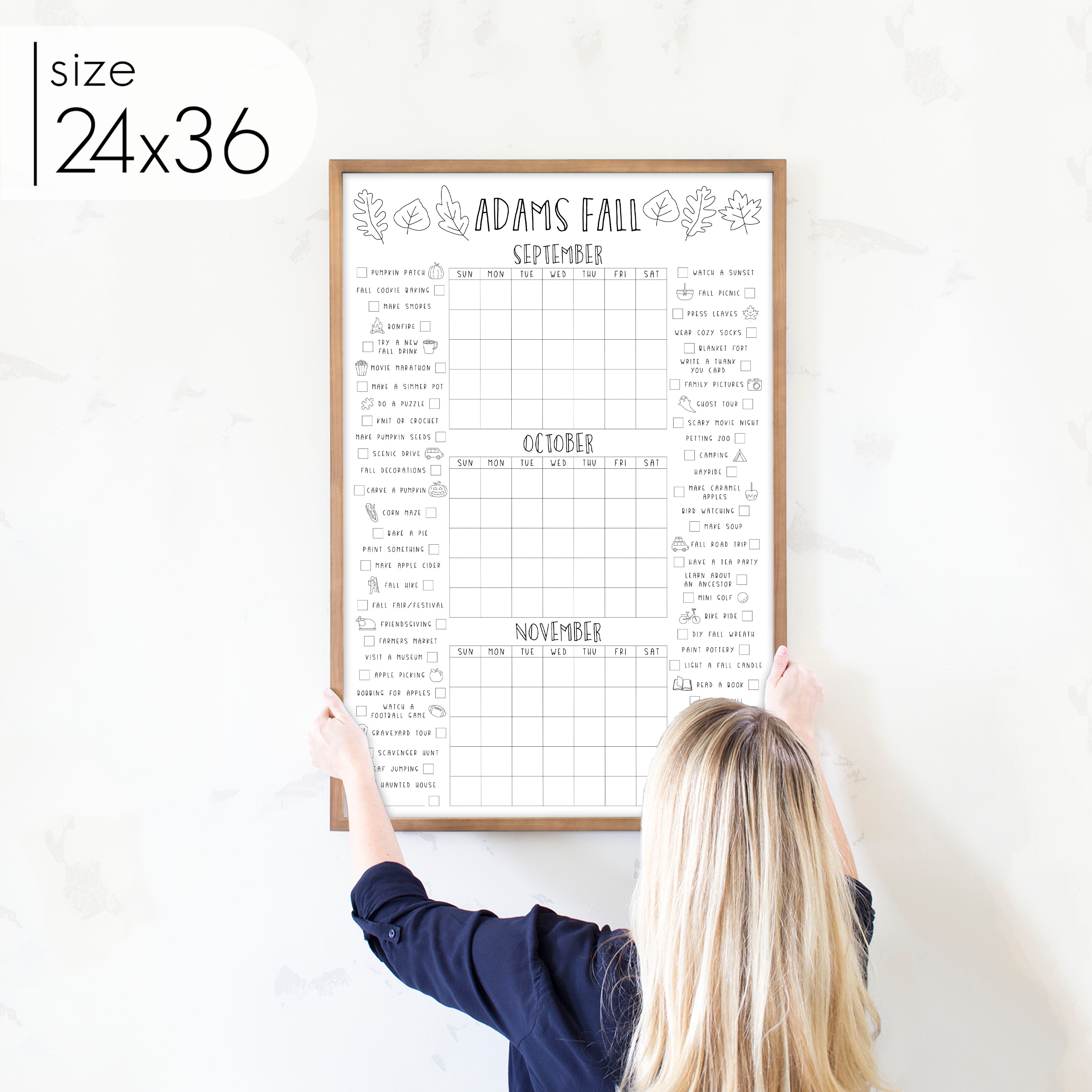 Framed Personalized 3 Month Fall Bucket List Calendar | Vertical Leaf