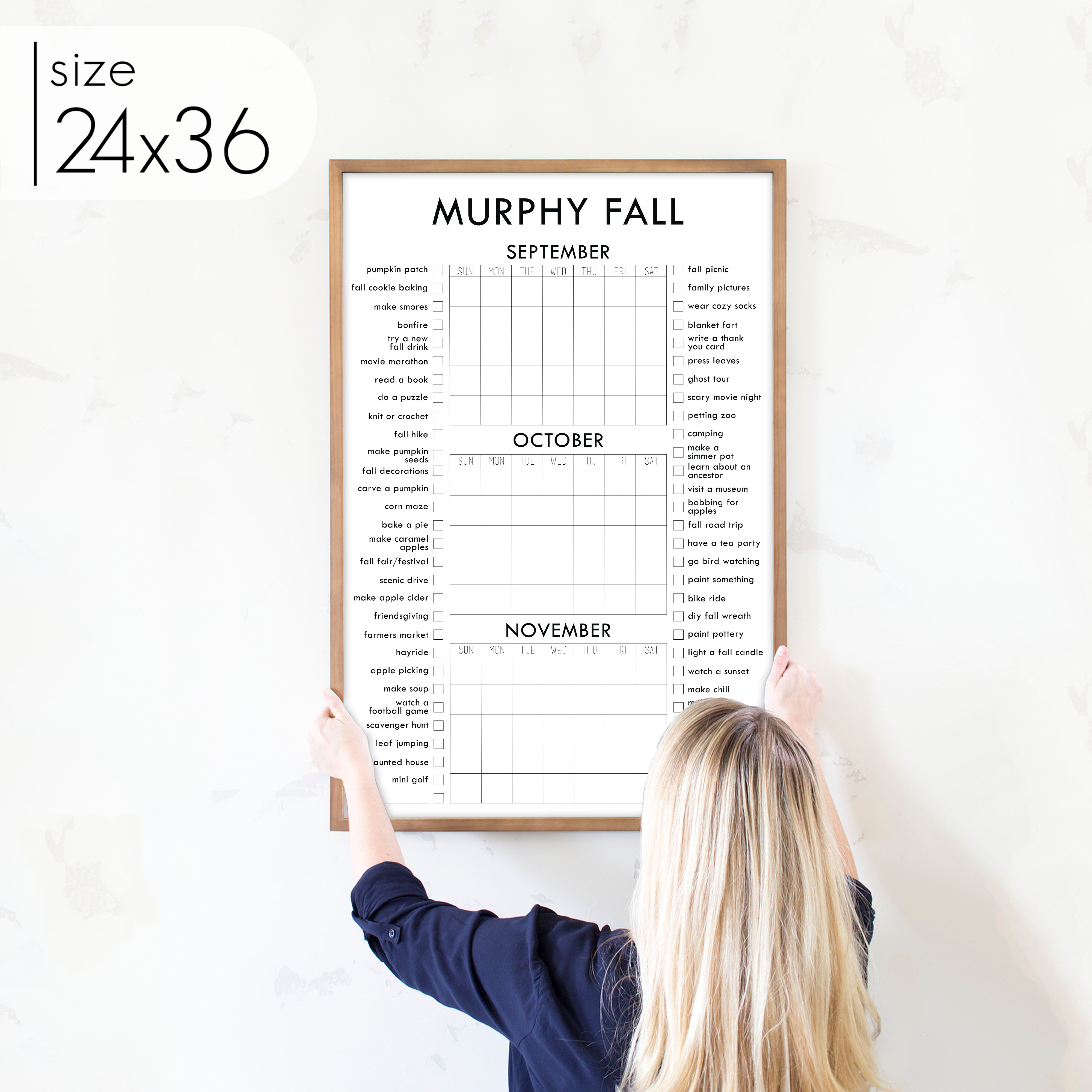 Framed 3 Month Fall Bucket List Calendar | Vertical Madi