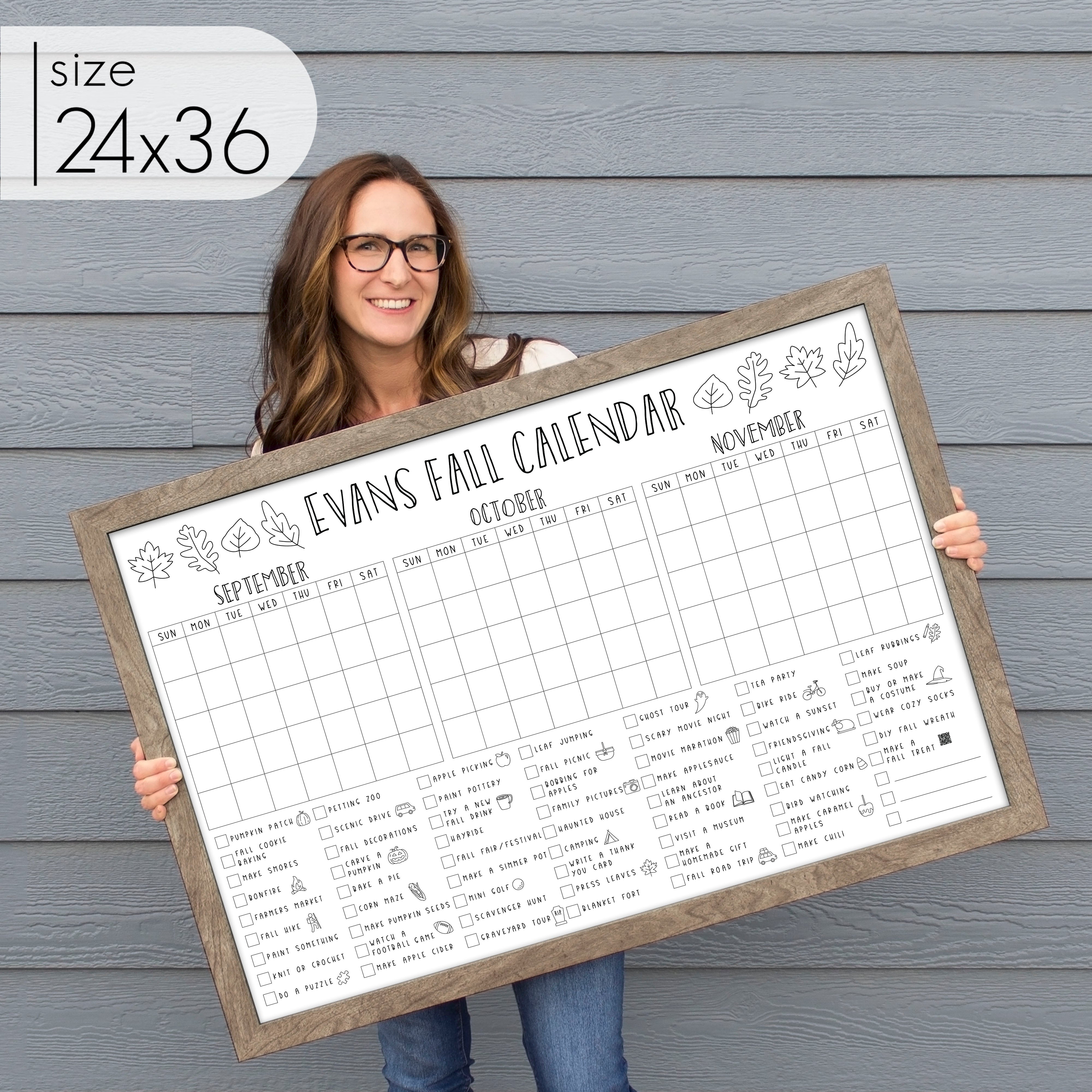 Framed 3 Month Fall Bucket List Calendar | Horizontal Leaf