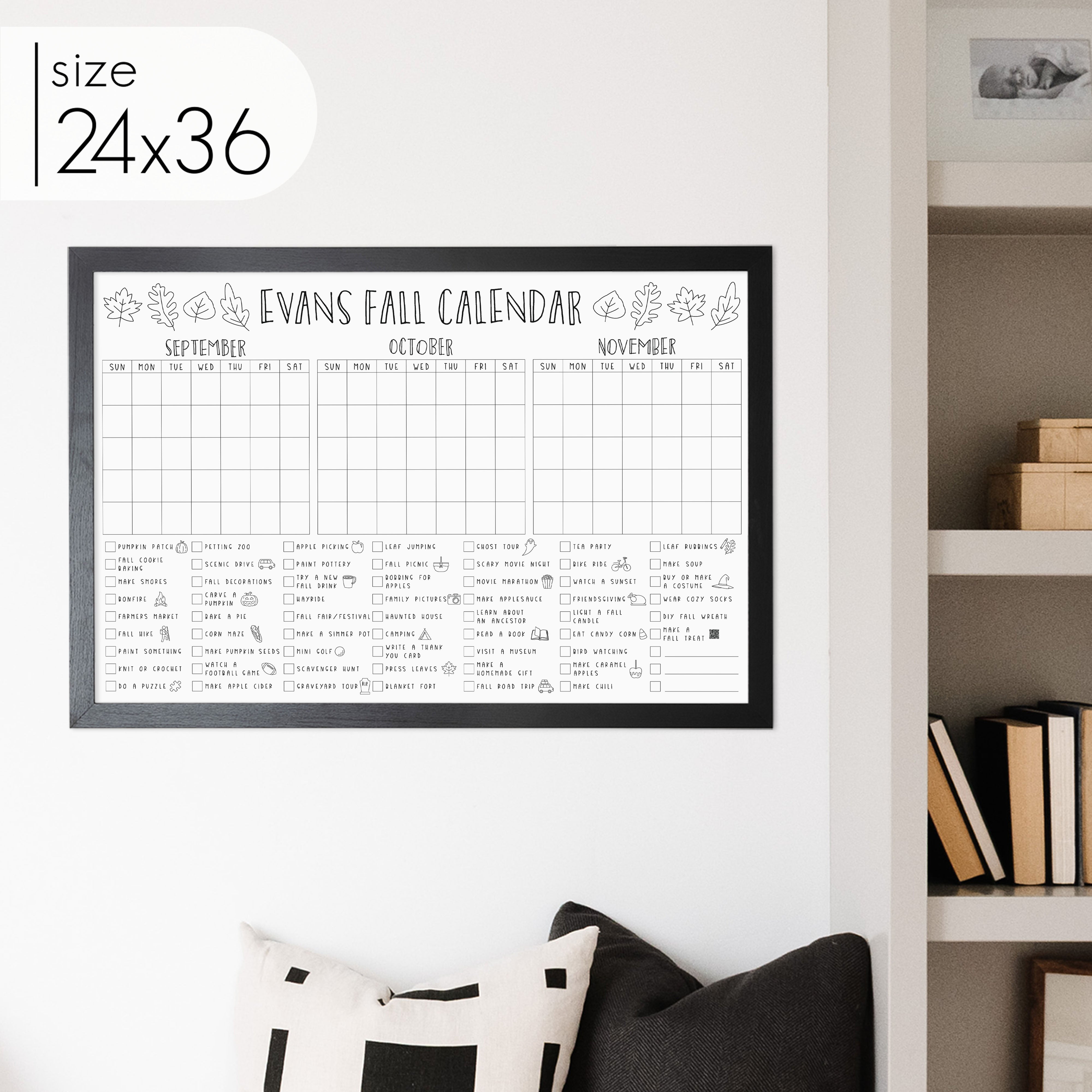 Framed 3 Month Fall Bucket List Calendar | Horizontal Leaf