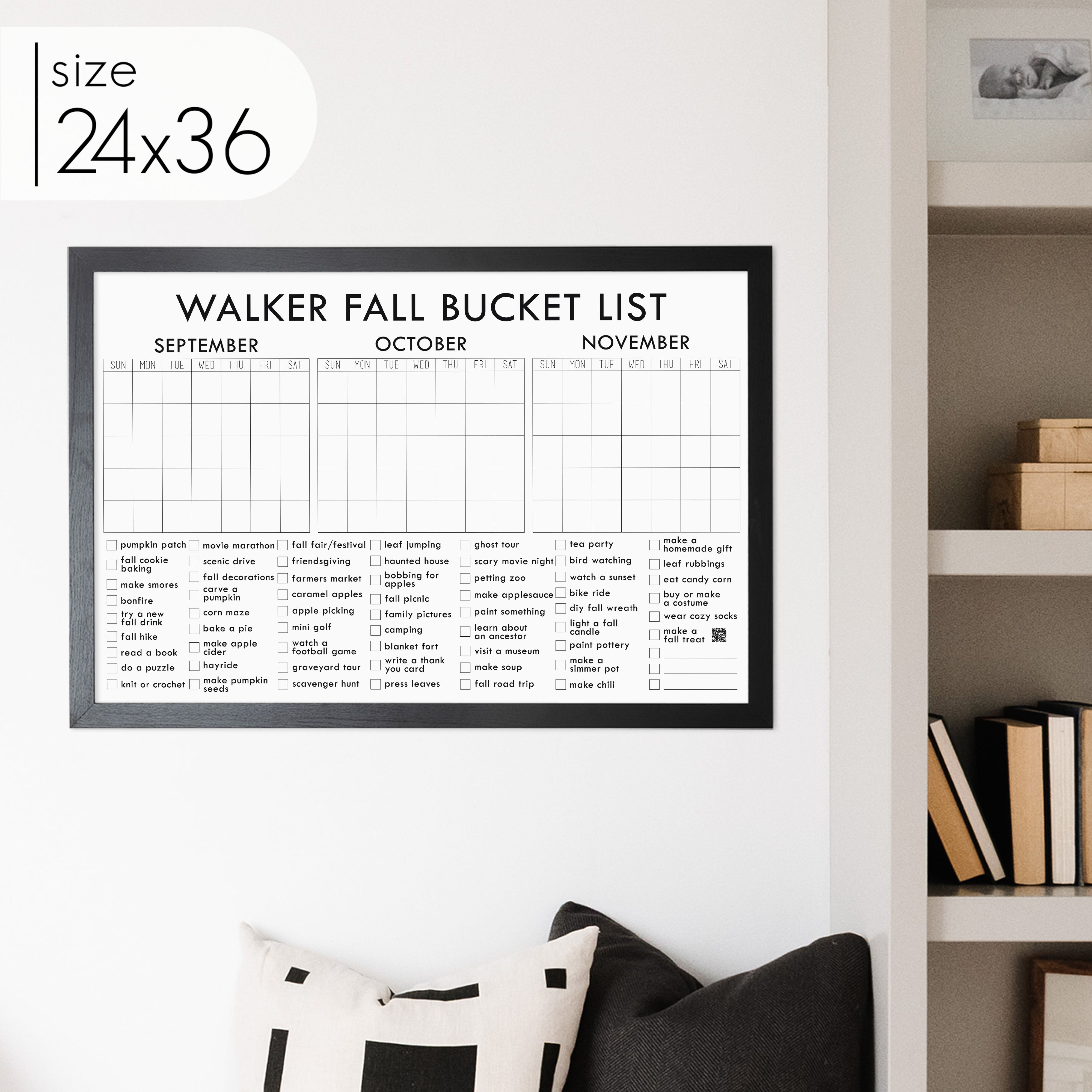 Framed 3 Month Fall Bucket List Calendar | Horizontal Madi