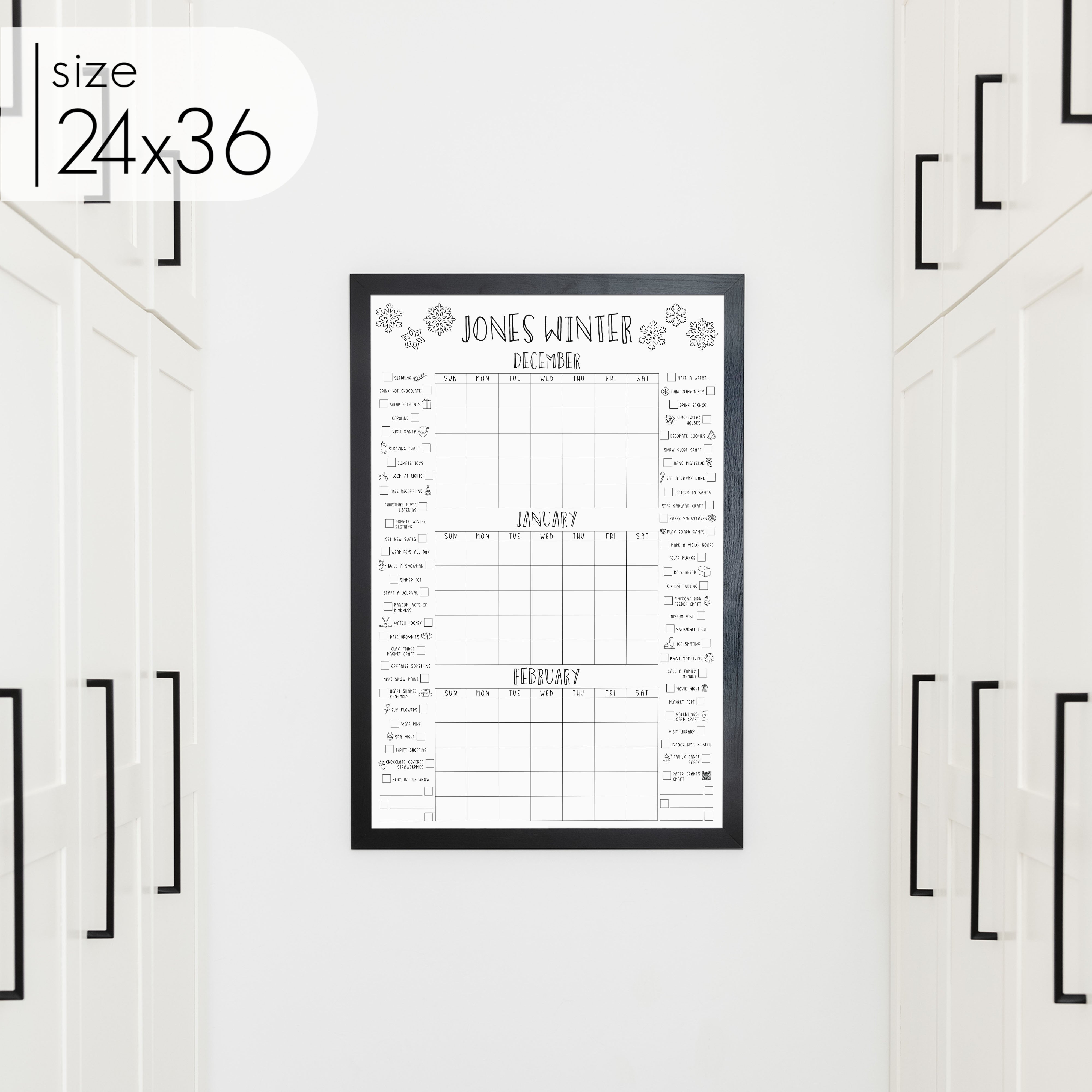 Framed 3 Month Winter Bucket List Calendar | Vertical Snowflake