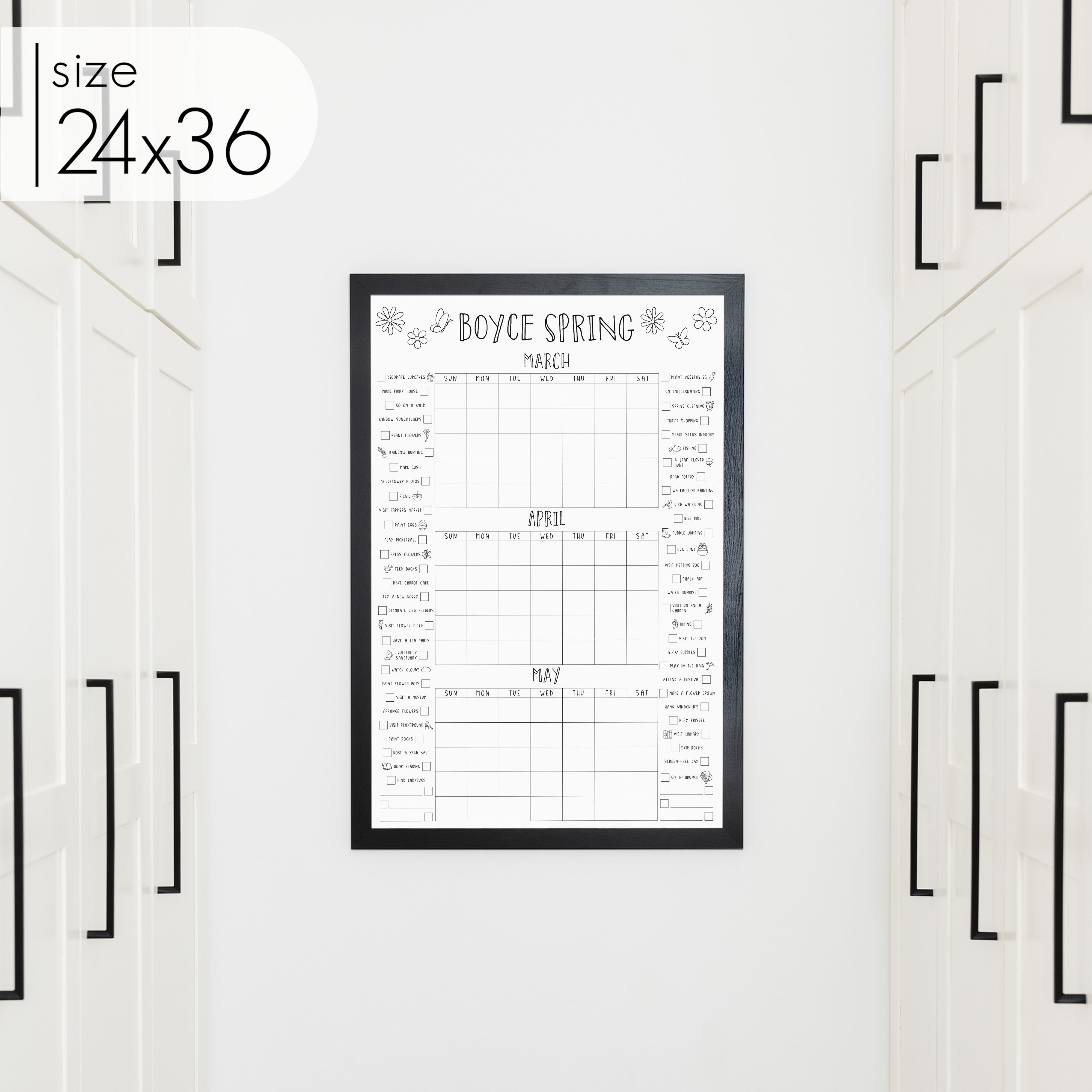 Framed 3-Month Calendar Spring Bucket List  | Vertical