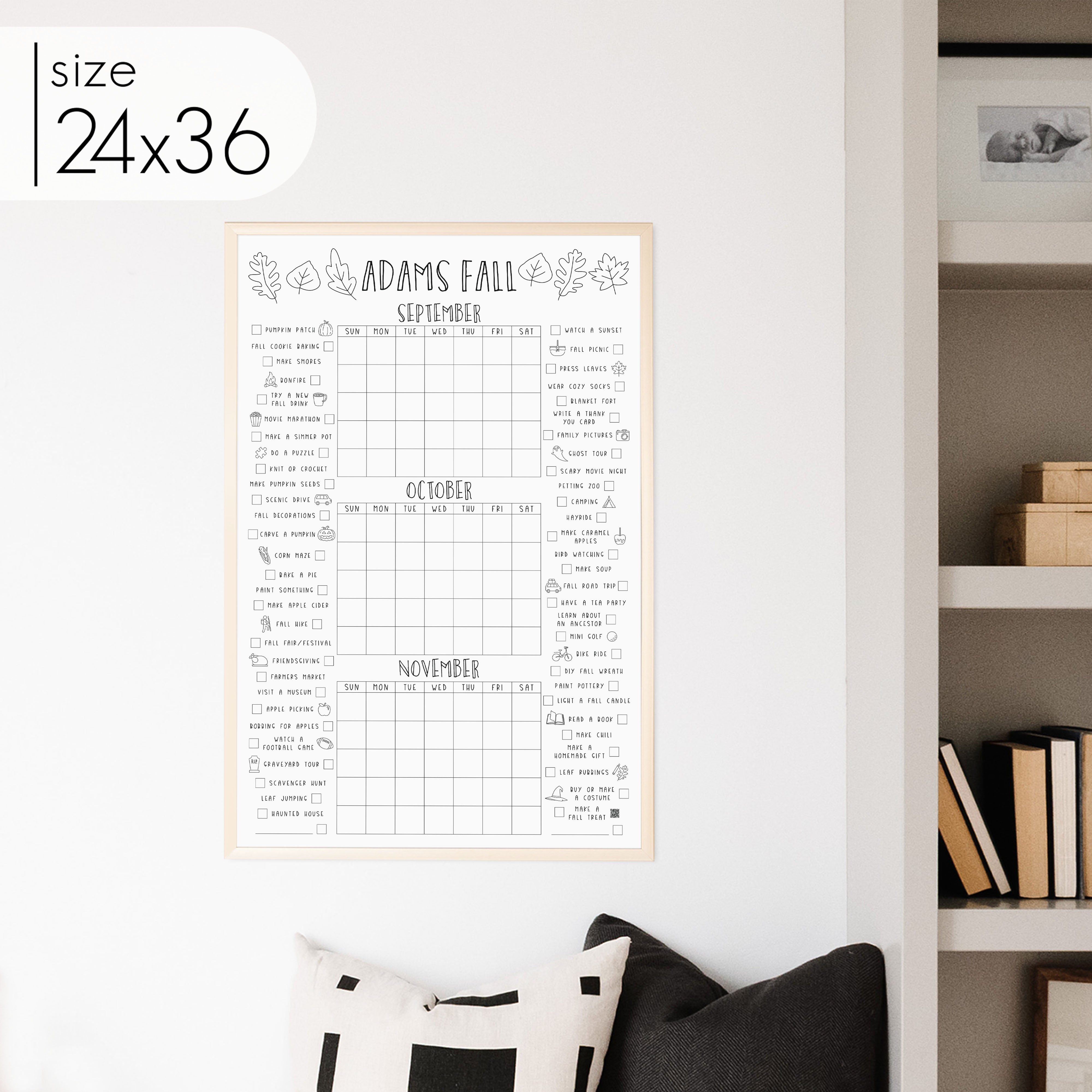 Framed Personalized 3 Month Fall Bucket List Calendar | Vertical Leaf