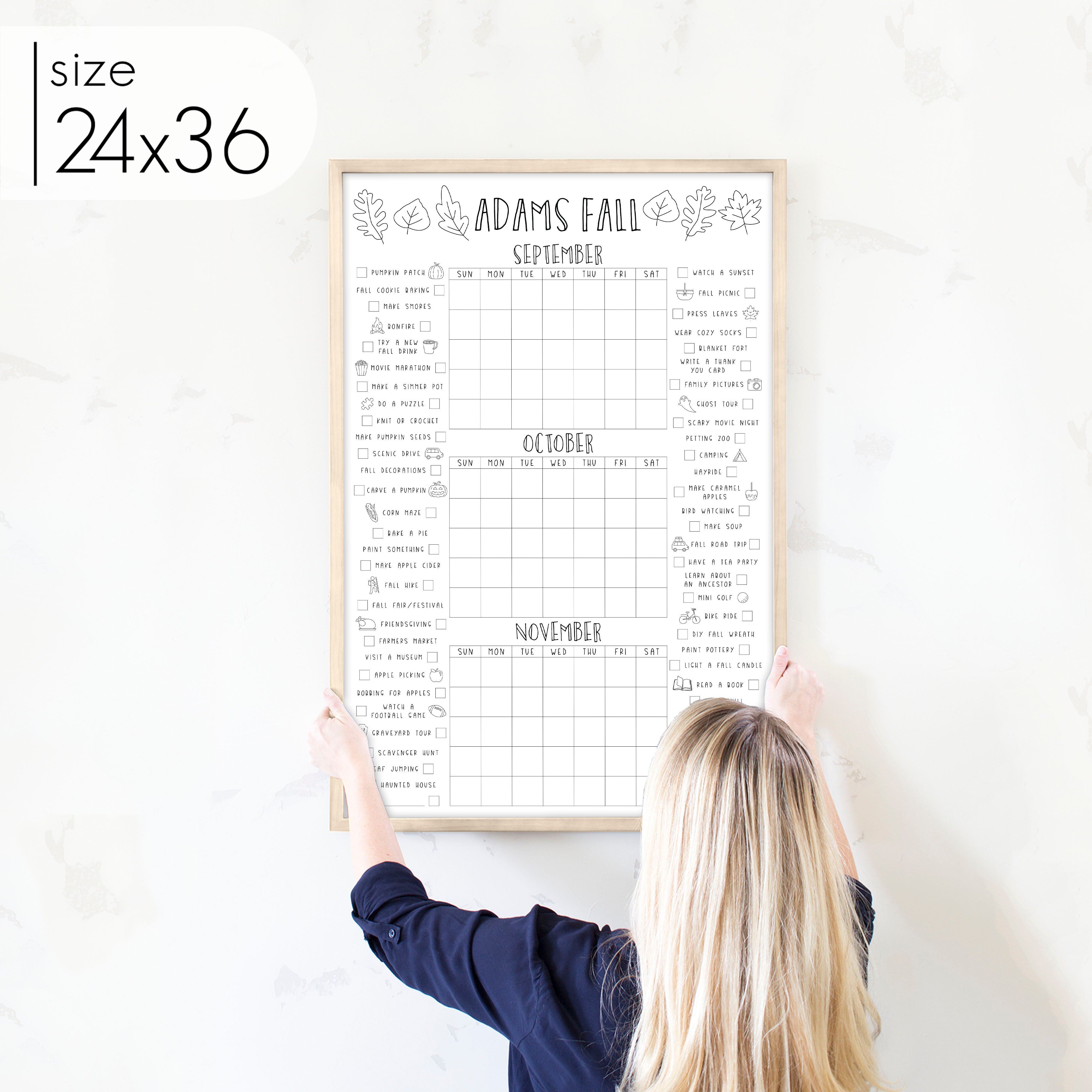 Framed Personalized 3 Month Fall Bucket List Calendar | Vertical Leaf