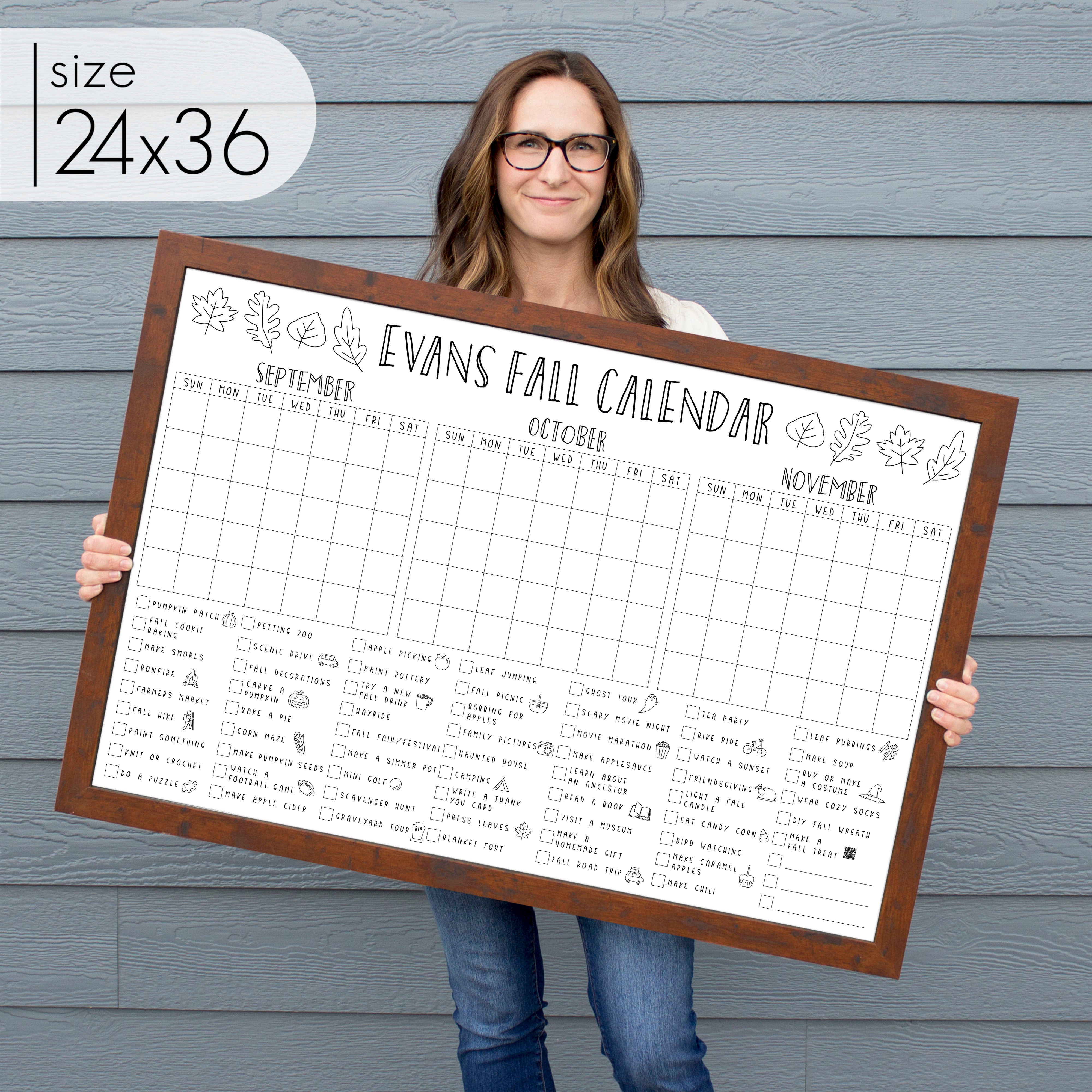 Framed 3 Month Fall Bucket List Calendar | Horizontal Leaf