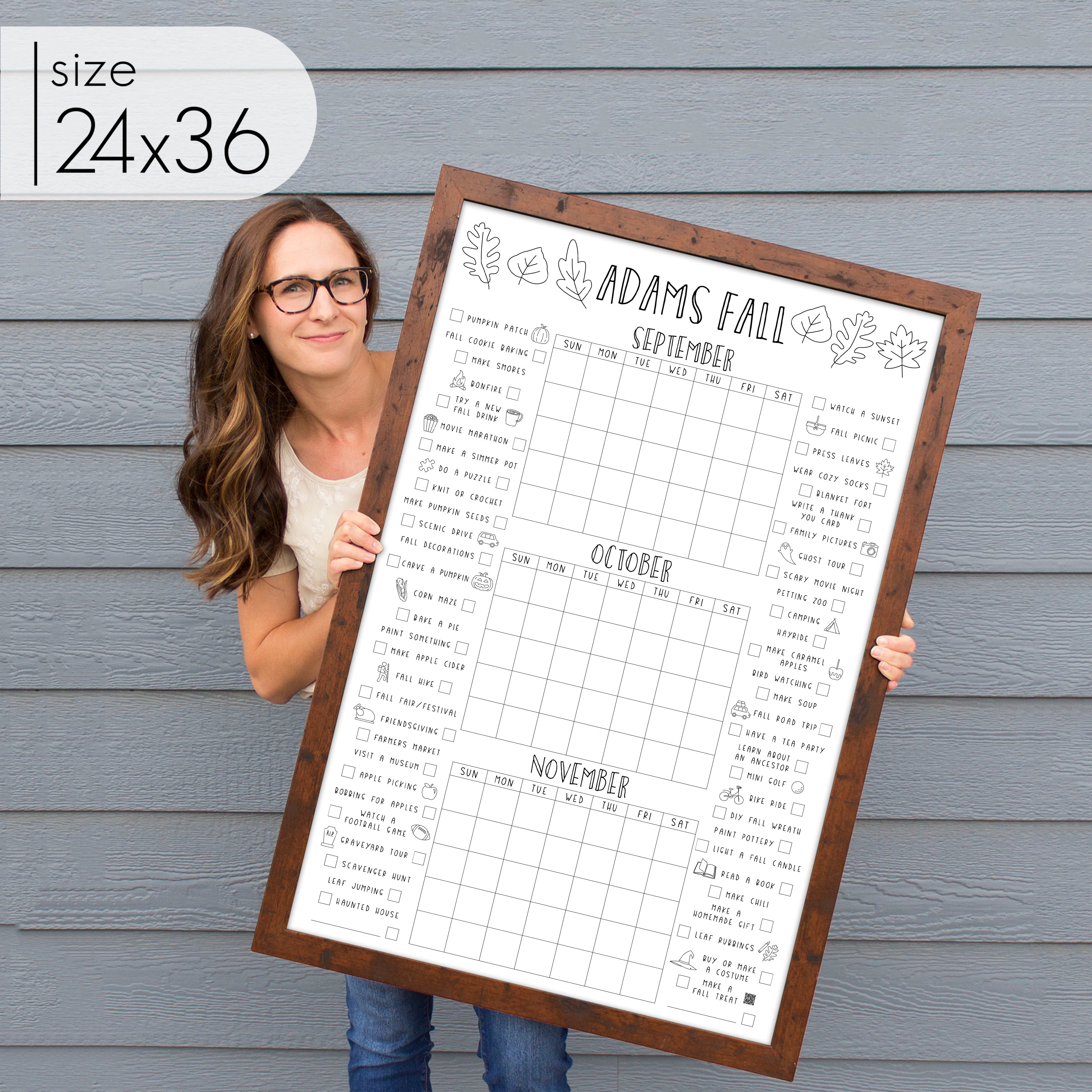 Framed Personalized 3 Month Fall Bucket List Calendar | Vertical Leaf