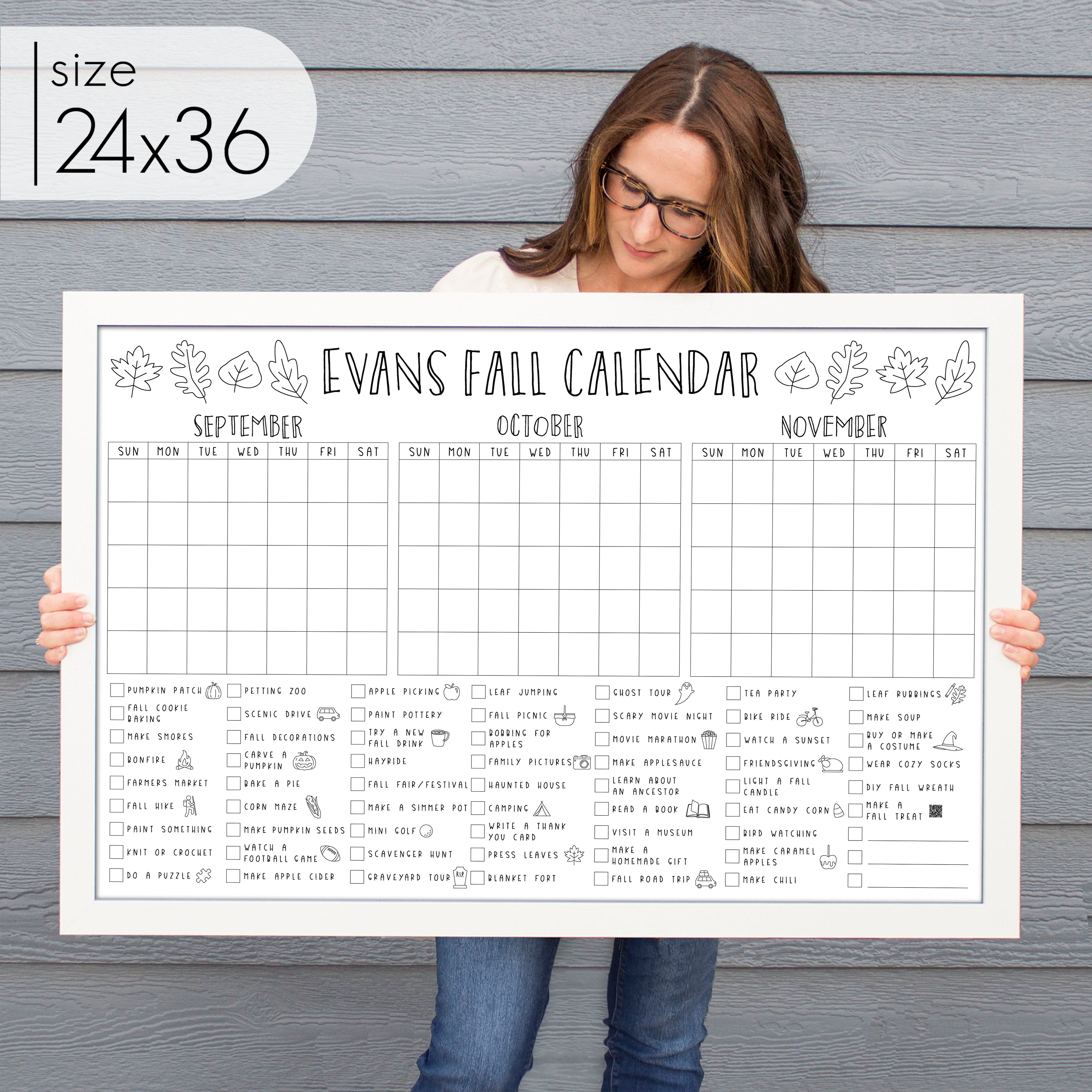 Framed 3 Month Fall Bucket List Calendar | Horizontal Leaf