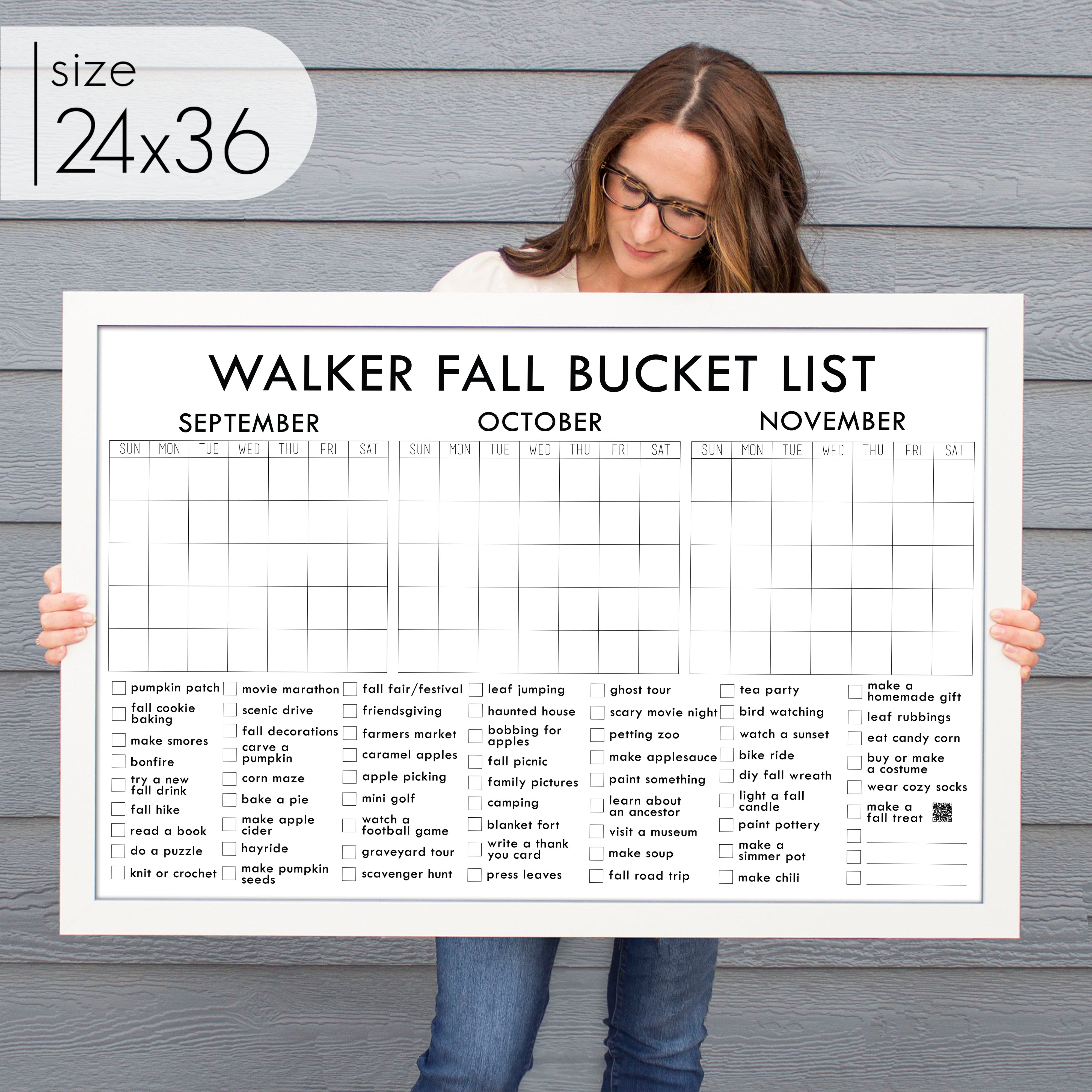 Framed 3 Month Fall Bucket List Calendar | Horizontal Madi