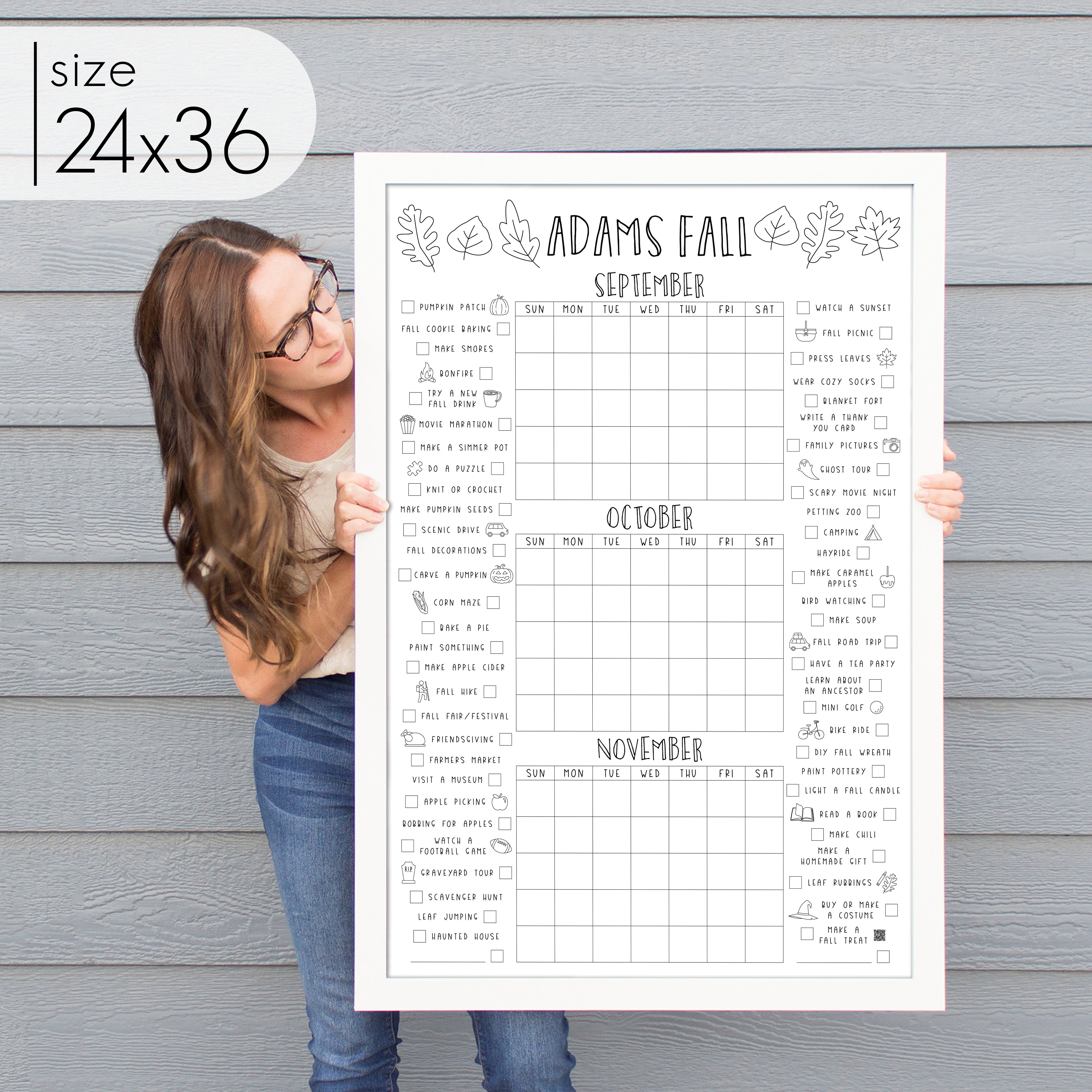 Framed Personalized 3 Month Fall Bucket List Calendar | Vertical Leaf