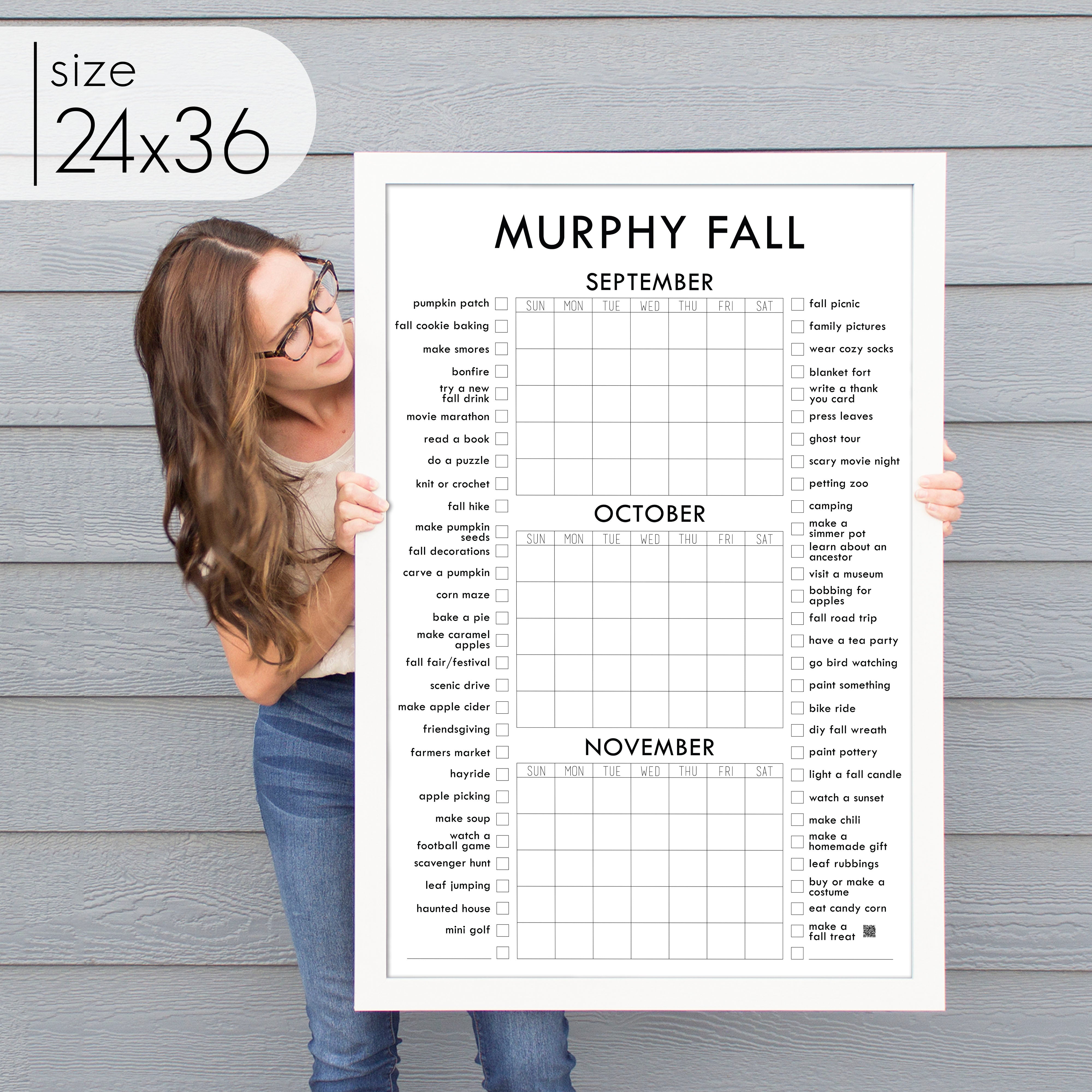 Framed 3 Month Fall Bucket List Calendar | Vertical Madi