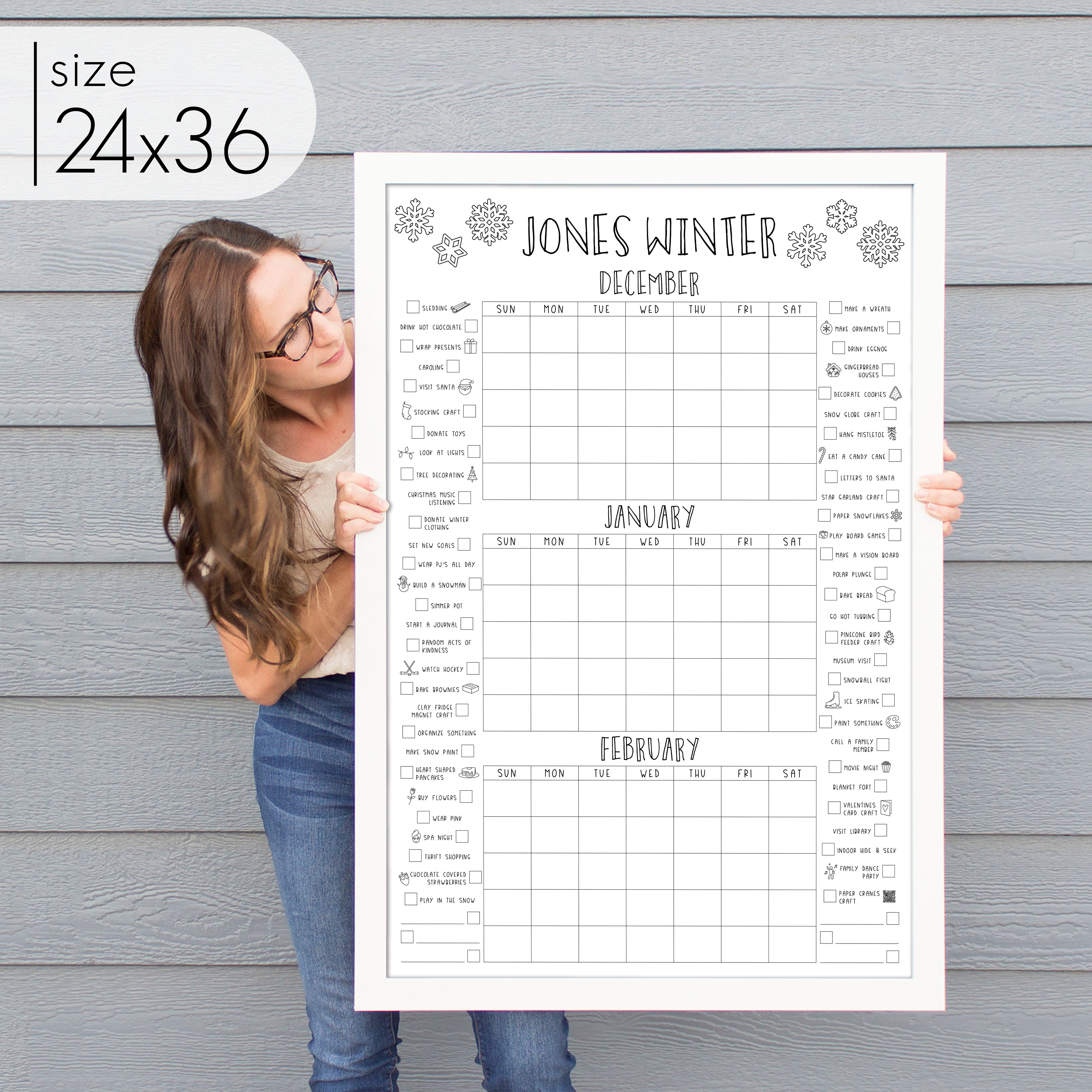 Framed 3 Month Winter Bucket List Calendar | Vertical Snowflake