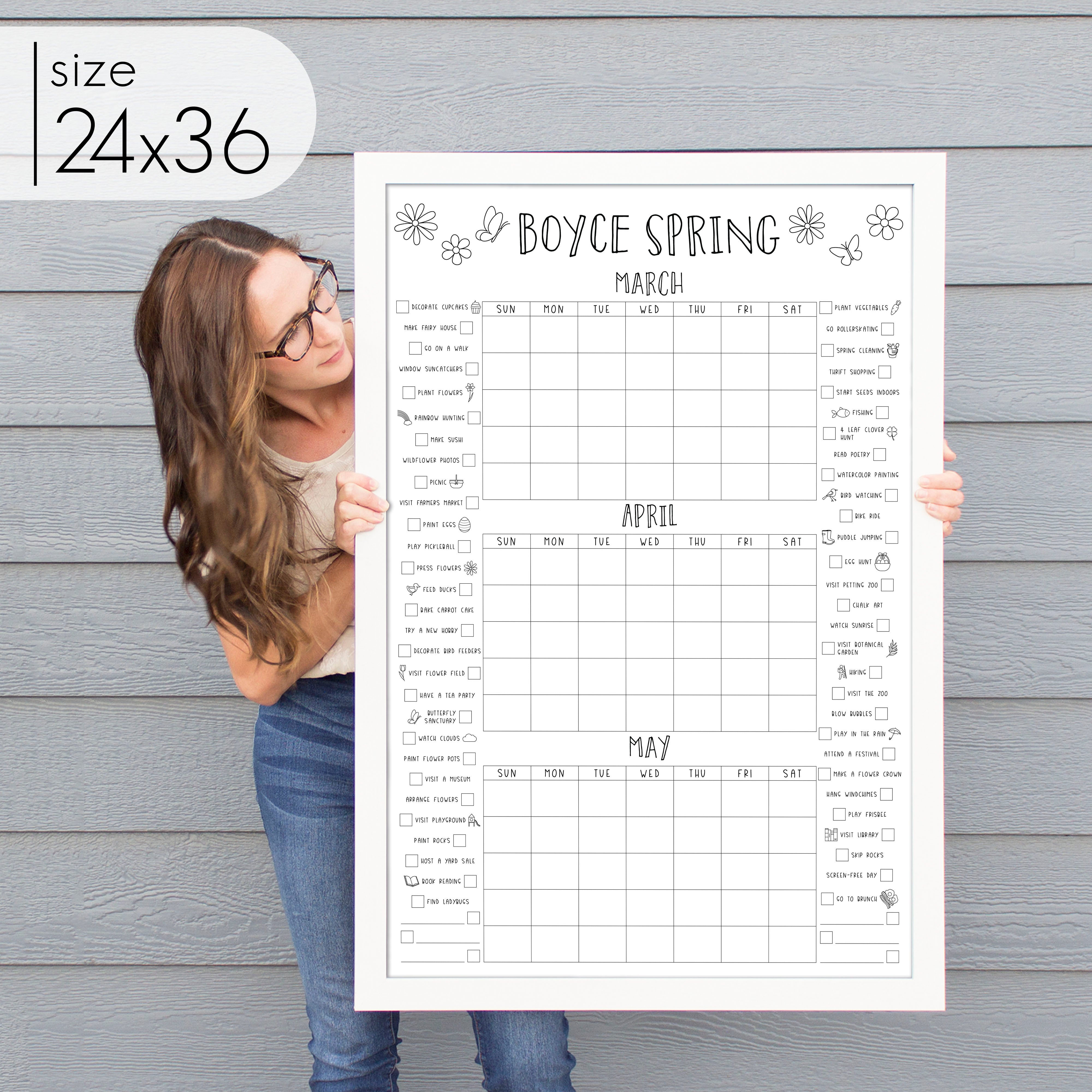 Framed 3-Month Calendar Spring Bucket List  | Vertical