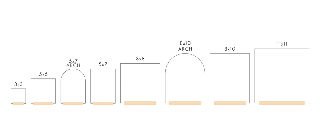 A chart for size comparison showing sizes from 3x3 to 11x14.