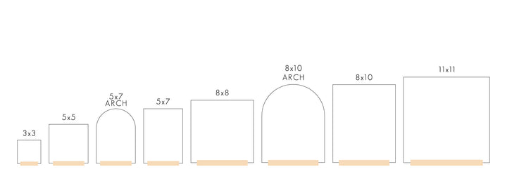 A chart for size comparison showing sizes from 3x3 to 11x14.
