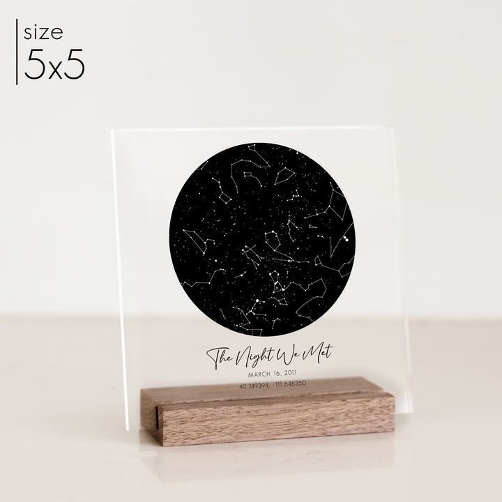 A 5x5 custom star chart anniversary gift with cursive font titles.