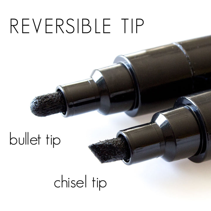 a graphic labeled "reversible tip" with a close up image of a black circle and square marker with a rounded tip and a second black chalkboard marker with a chisel tip