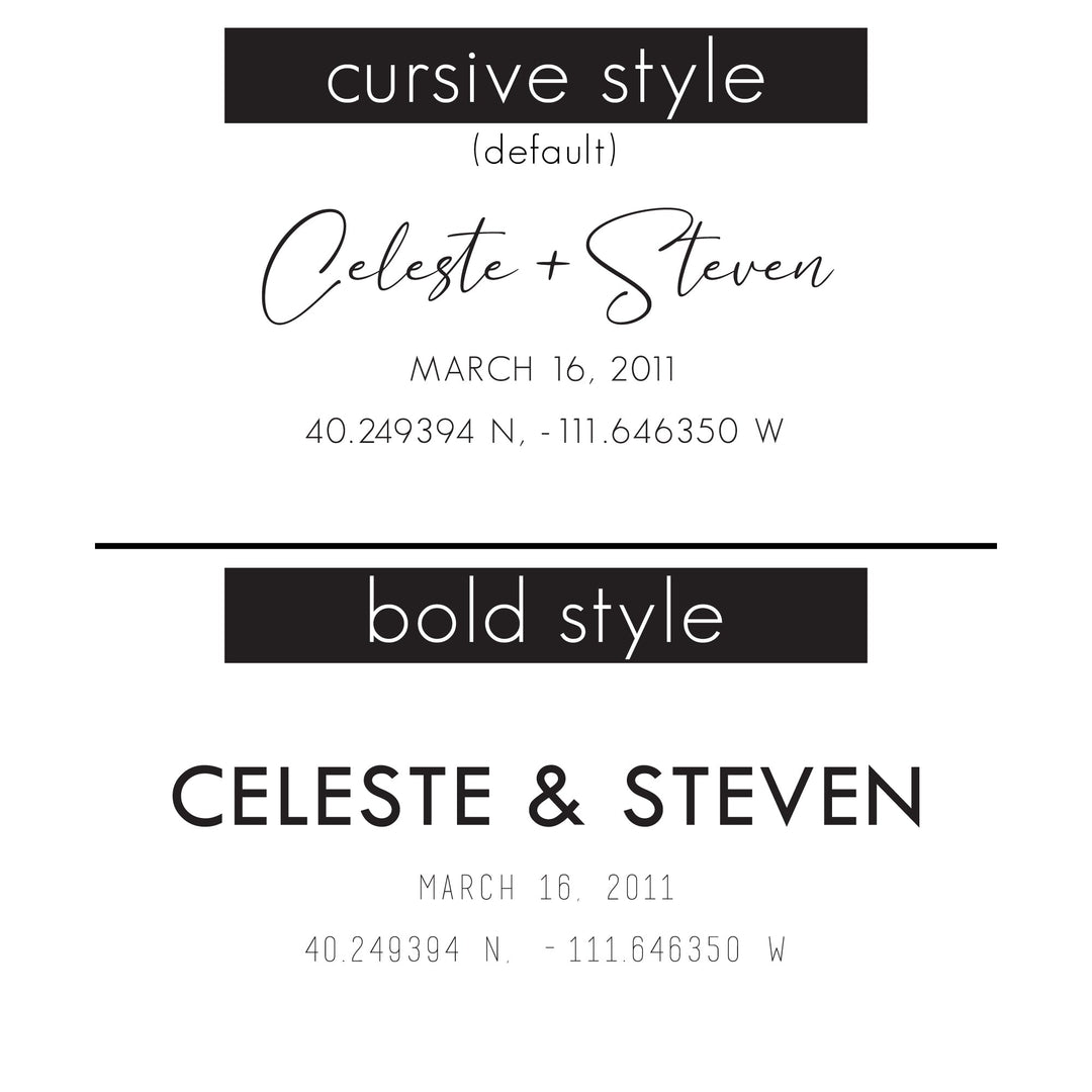 Details the two fonts available for this custom anniversary gift. The cursive style option is on the top with a bold style option on bottom.