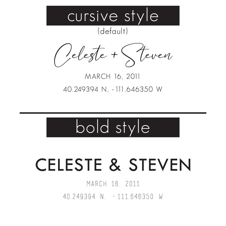 Details the two fonts available for this custom anniversary gift. The cursive style option is on the top with a bold style option on bottom.