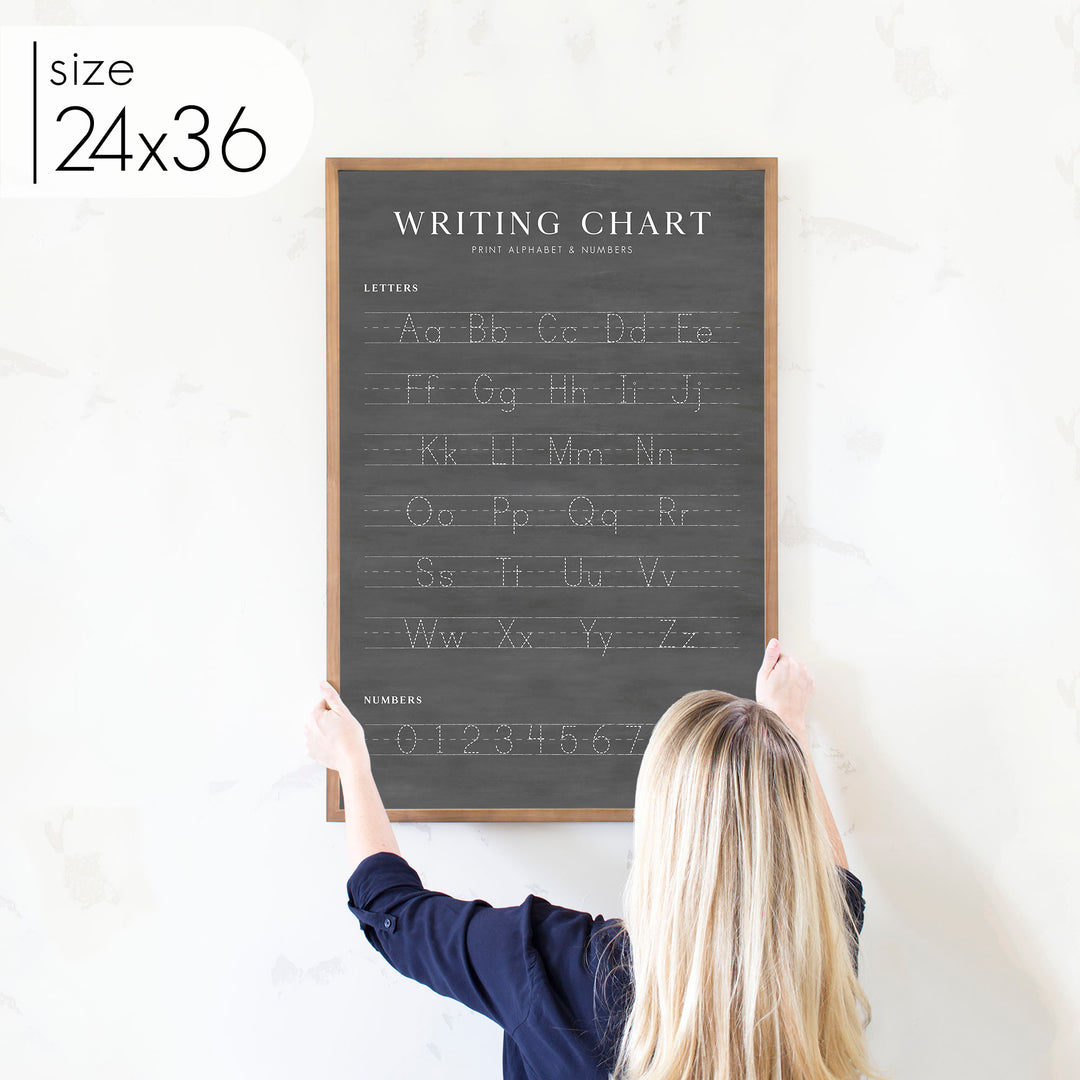 A 24x36 chalkboard style preschool classroom decor writing chart for A,B,C's and numbers with an almond frame.