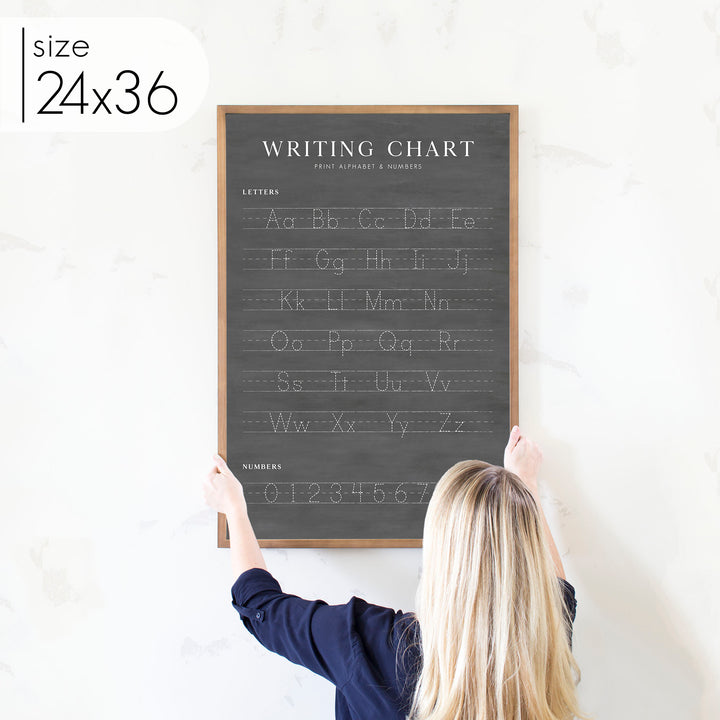 A 24x36 chalkboard style preschool classroom decor writing chart for A,B,C's and numbers with an almond frame.