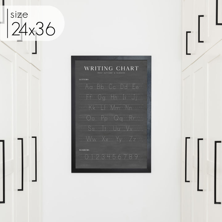 A 24x36 chalkboard style preschool classroom decor writing chart for A,B,C's and numbers with a black frame.