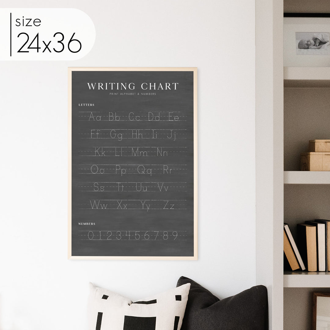 A 24x36 chalkboard style preschool classroom decor writing chart for A,B,C's and numbers with a craft frame.