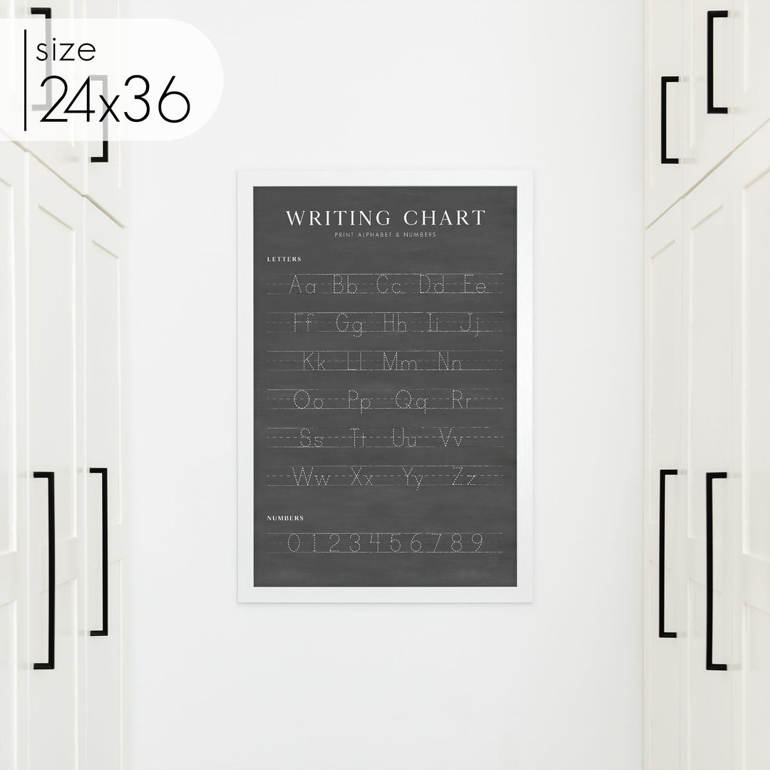 A 24x36 chalkboard style preschool classroom decor writing chart for A,B,C's and numbers with a white washed frame.