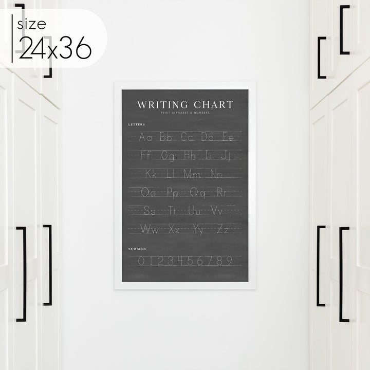 A 24x36 chalkboard style preschool classroom decor writing chart for A,B,C's and numbers with a white washed frame.
